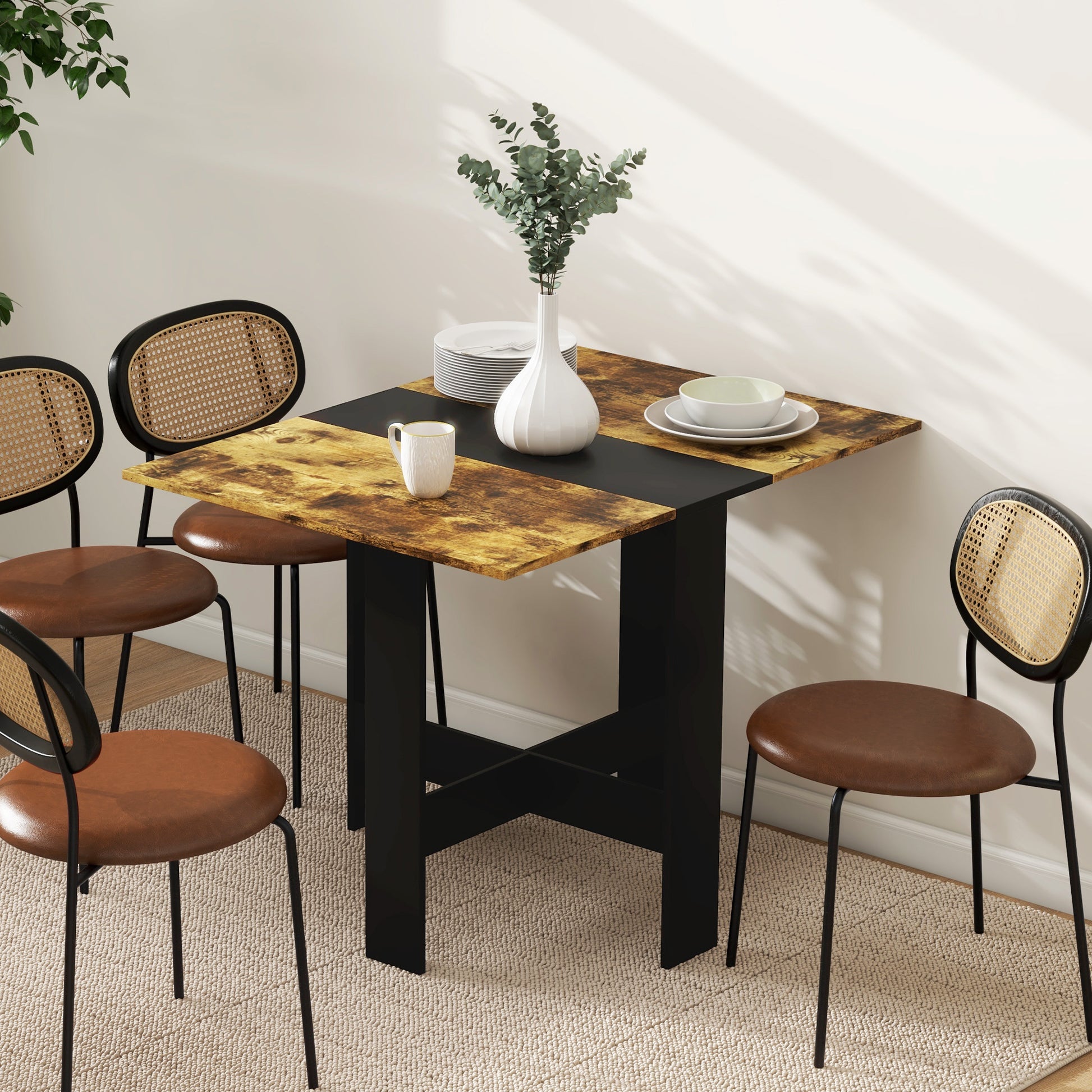 Drop Leaf Dining Table Wood Folding Table Multi-Use Side Table Dining Desk Space Saving Table, Rustic Brown and Black-Home Furnishings > Kitchen & Dining Furniture > Dining Tables-DECOROLALA