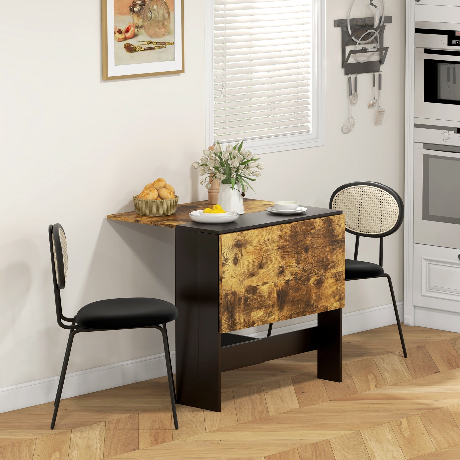 Drop Leaf Dining Table Wood Folding Table Multi-Use Side Table Dining Desk Space Saving Table, Rustic Brown and Black-Home Furnishings > Kitchen & Dining Furniture > Dining Tables-DECOROLALA