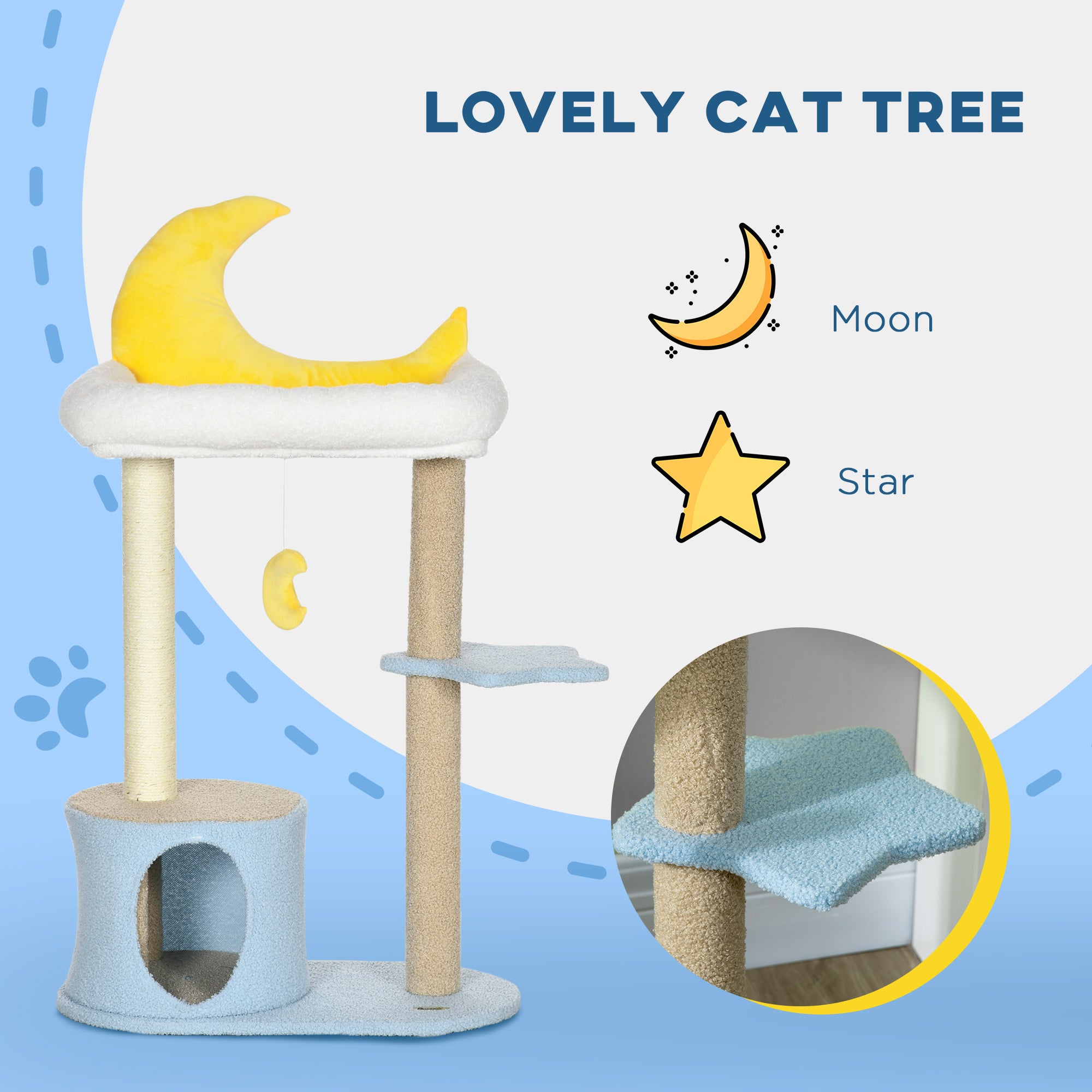 Moon Cat Tower for Indoor Cats with Teddy Fleece House Bed Scratching Post Hanging Toy Star Platform 41" Blue