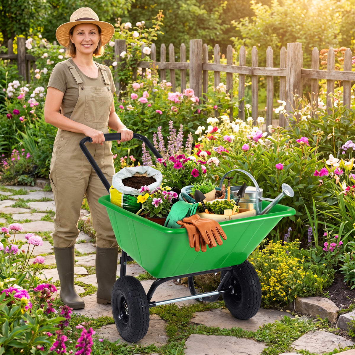 Dual-Wheel Wheelbarrow Garden Utility Cart with Pneumatic Tires-Light Green-Garden Carts-DECOROLALA