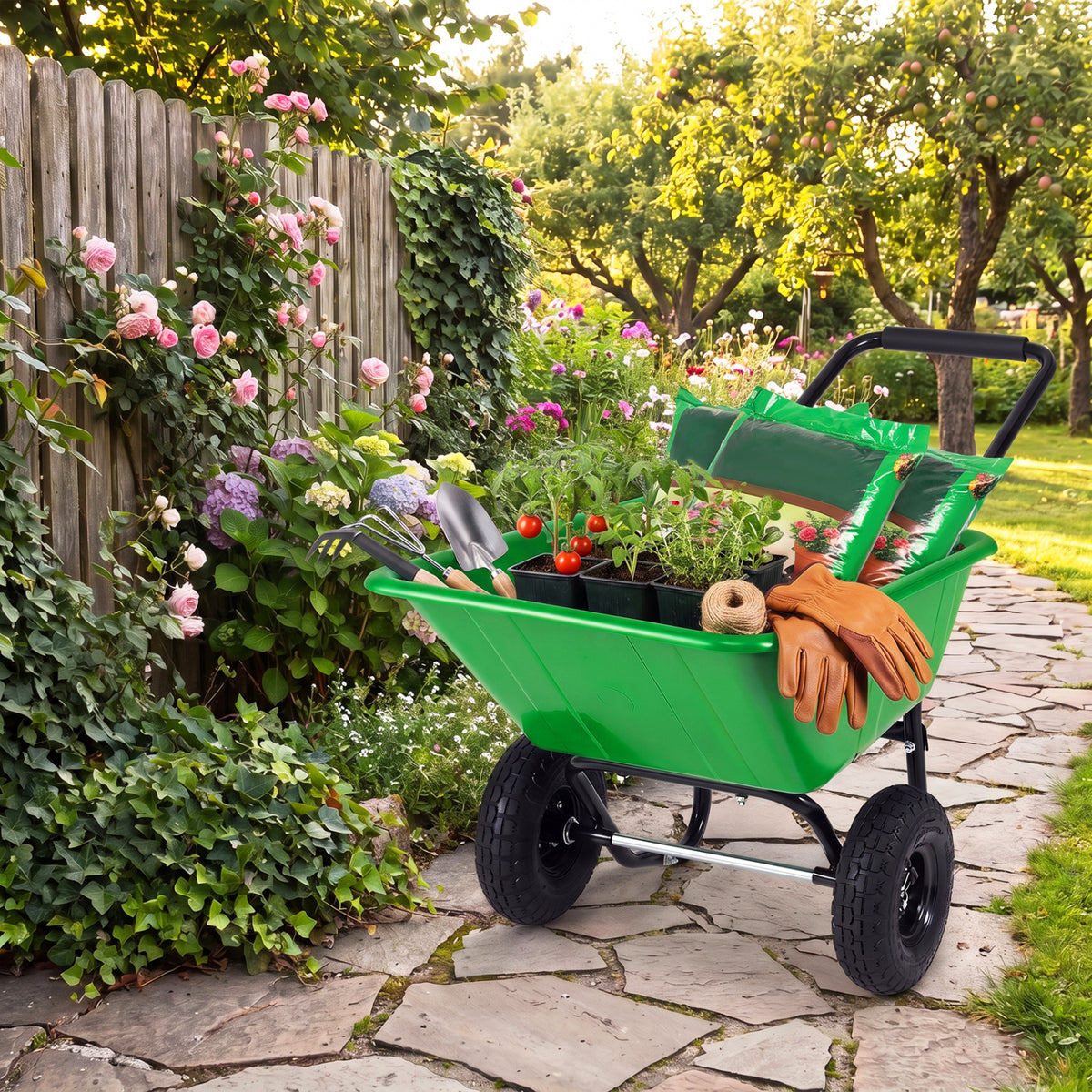 Dual-Wheel Wheelbarrow Garden Utility Cart with Pneumatic Tires-Light Green-Garden Carts-DECOROLALA