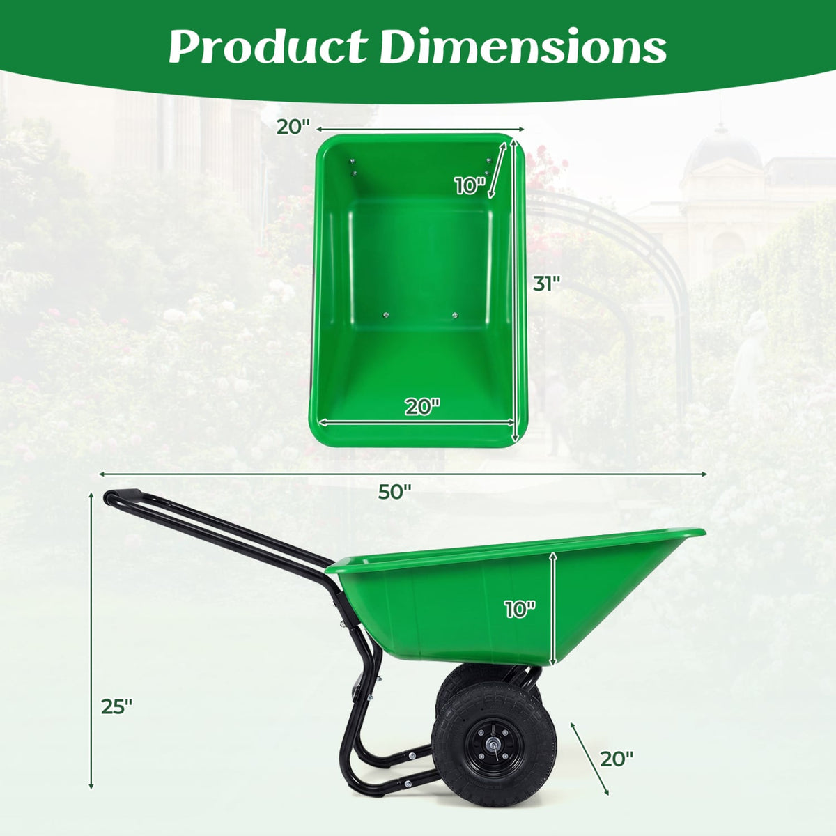 Dual-Wheel Wheelbarrow Garden Utility Cart with Pneumatic Tires-Light Green-Garden Carts-DECOROLALA