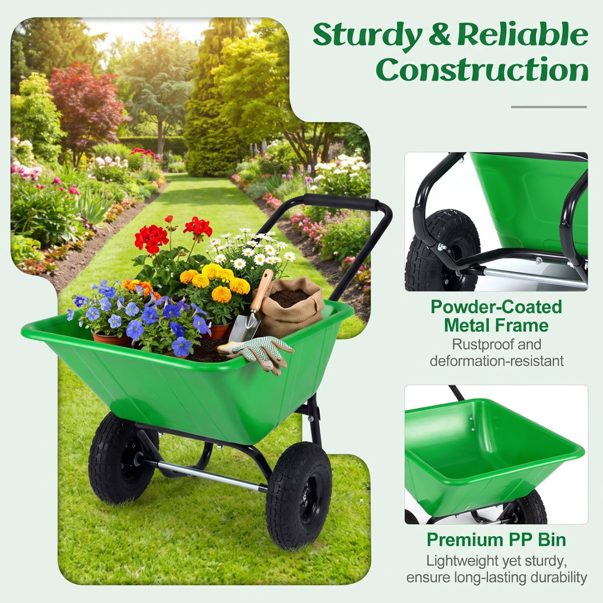 Dual-Wheel Wheelbarrow Garden Utility Cart with Pneumatic Tires-Light Green-Garden Carts-DECOROLALA