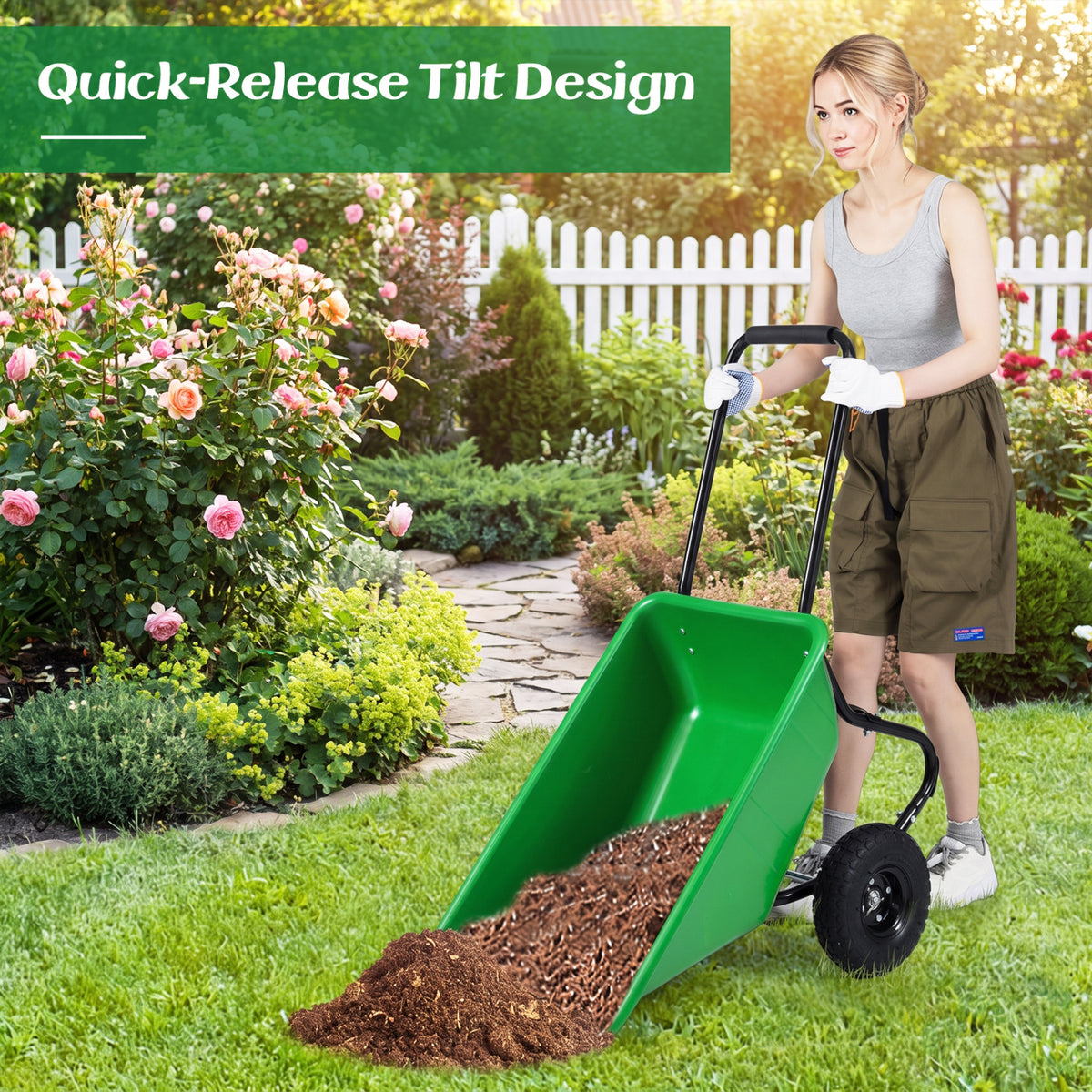 Dual-Wheel Wheelbarrow Garden Utility Cart with Pneumatic Tires-Light Green-Garden Carts-DECOROLALA