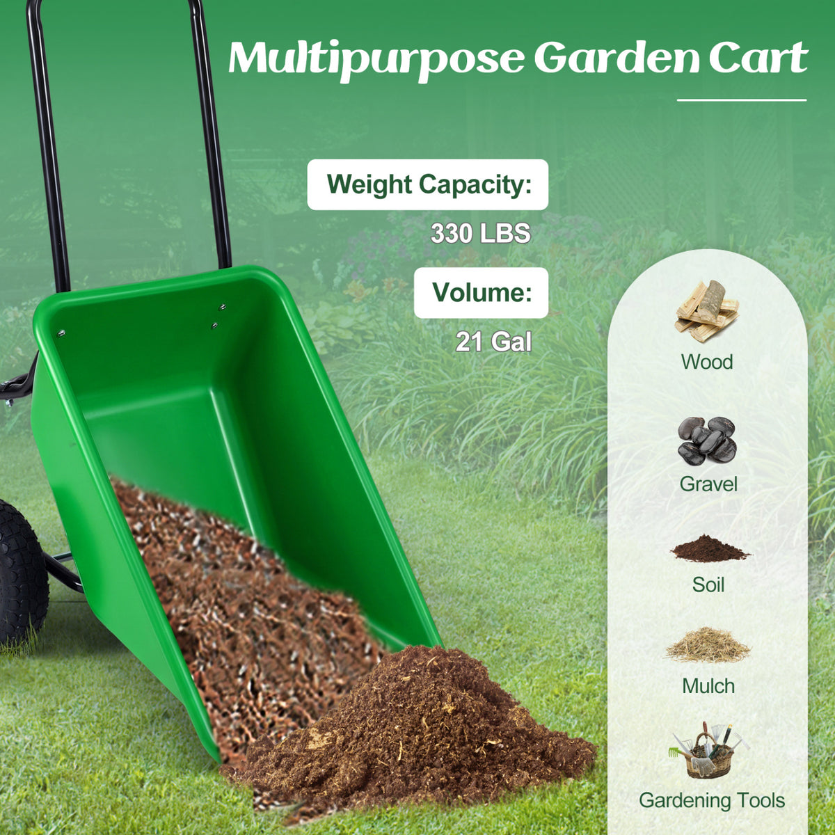 Dual-Wheel Wheelbarrow Garden Utility Cart with Pneumatic Tires-Light Green-Garden Carts-DECOROLALA