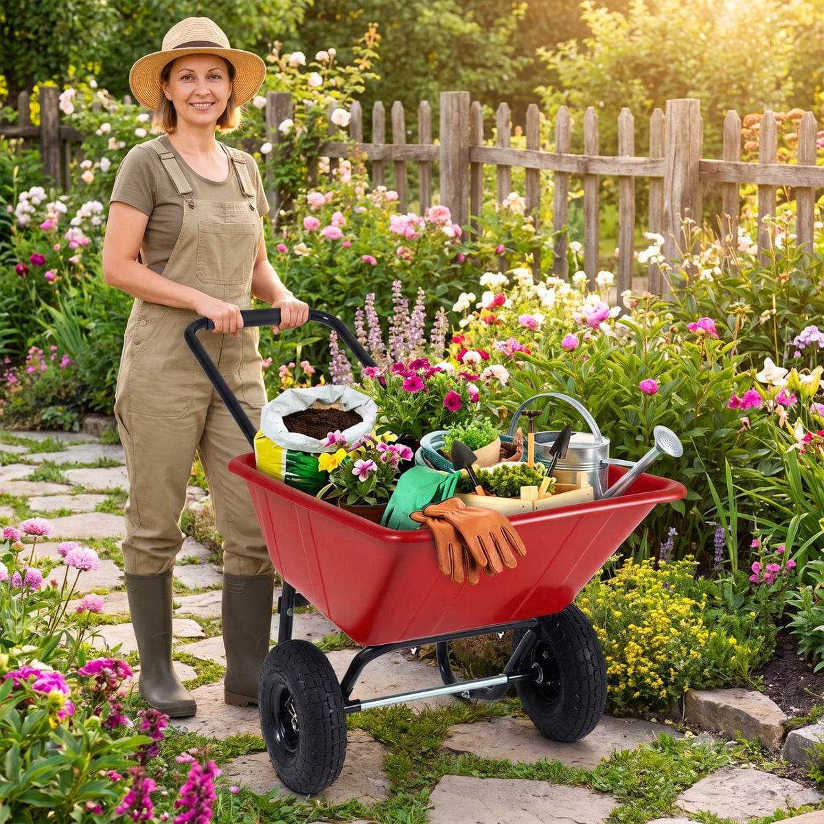 Dual-Wheel Wheelbarrow Garden Utility Cart with Pneumatic Tires-Red-Garden Carts-DECOROLALA
