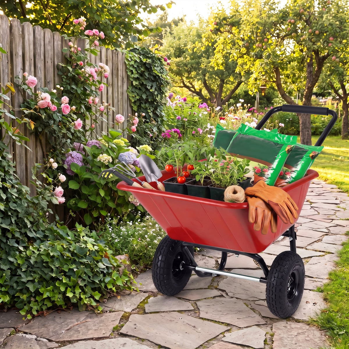 Dual-Wheel Wheelbarrow Garden Utility Cart with Pneumatic Tires-Red-Garden Carts-DECOROLALA