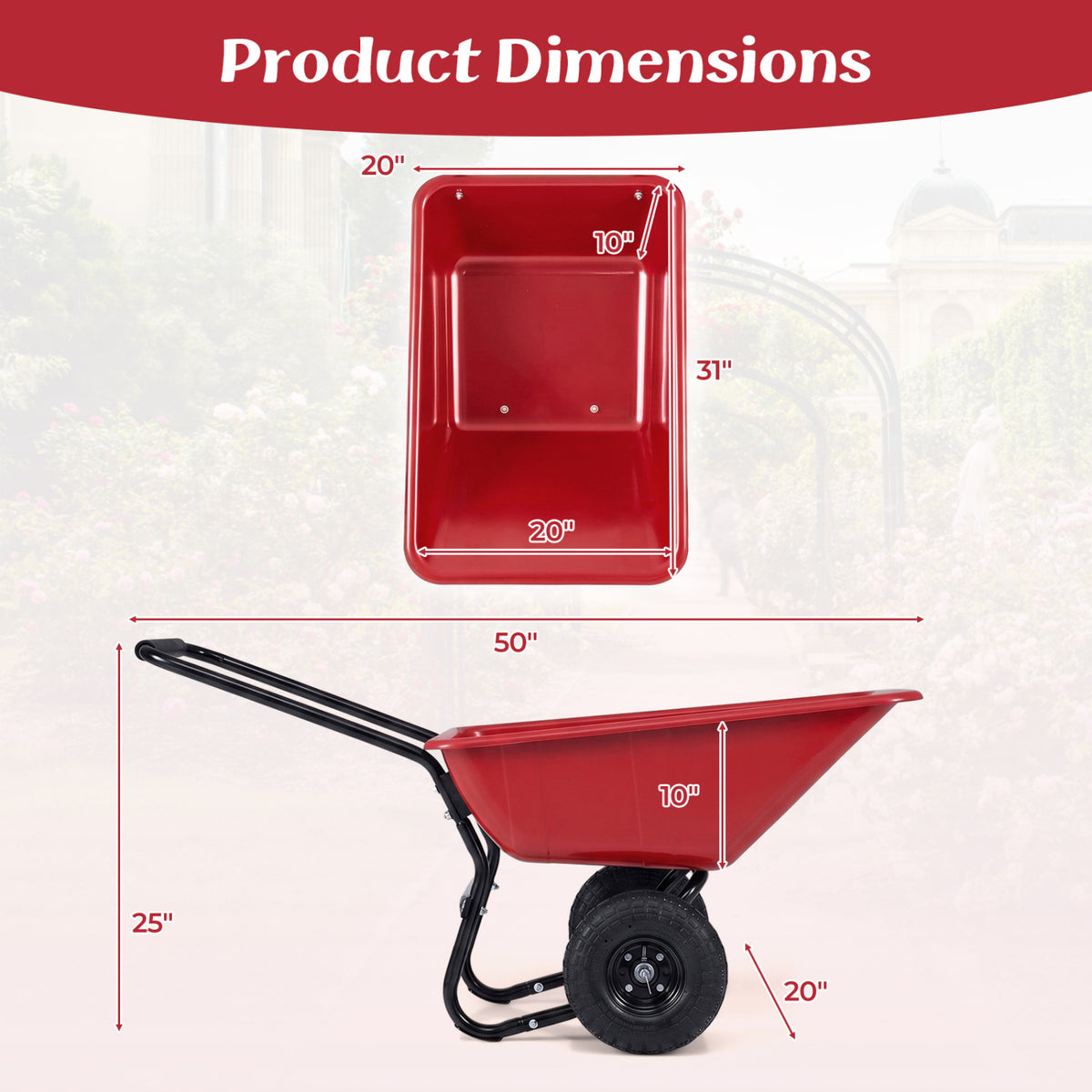 Dual-Wheel Wheelbarrow Garden Utility Cart with Pneumatic Tires-Red-Garden Carts-DECOROLALA