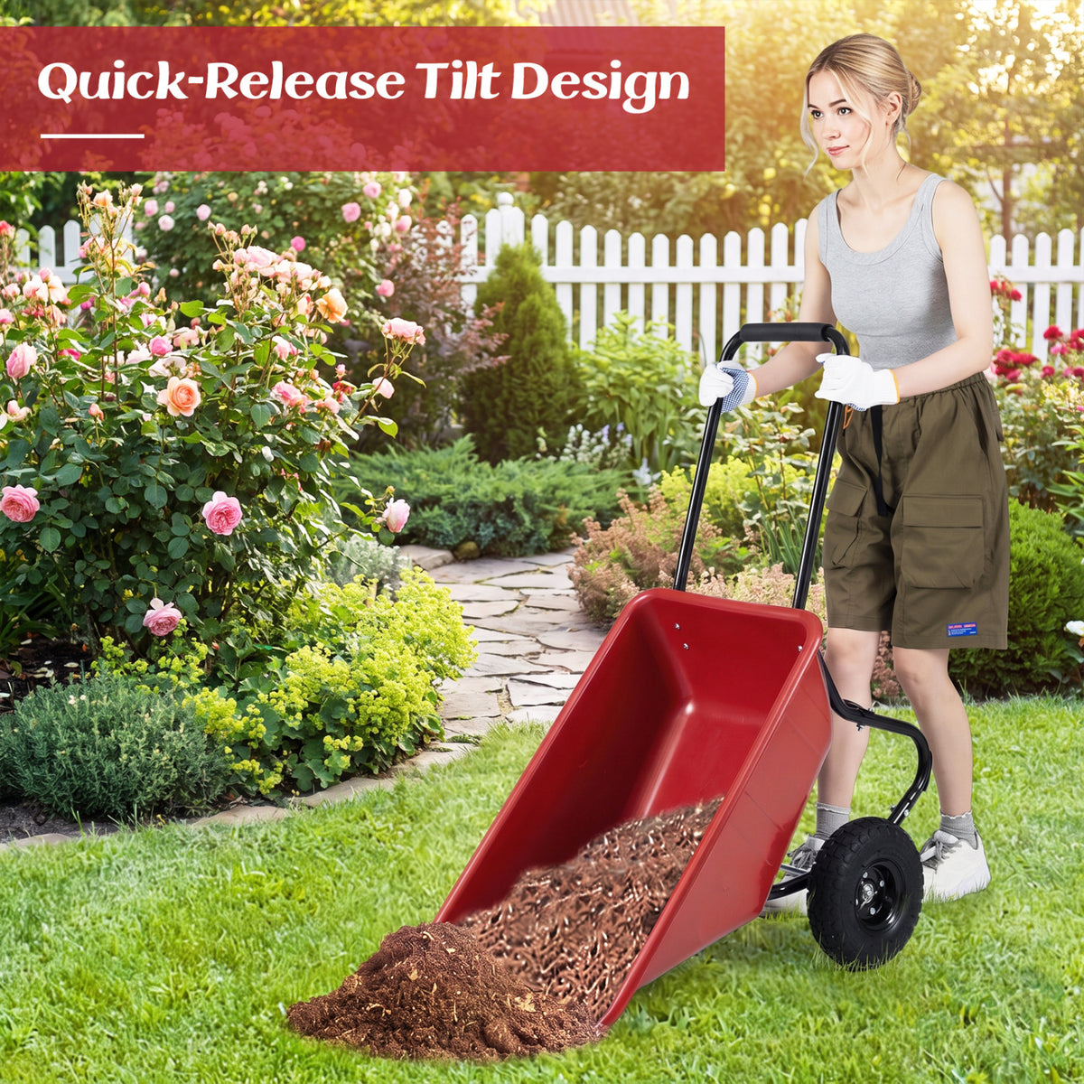Dual-Wheel Wheelbarrow Garden Utility Cart with Pneumatic Tires-Red-Garden Carts-DECOROLALA