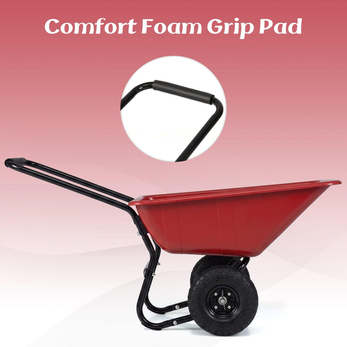 Dual-Wheel Wheelbarrow Garden Utility Cart with Pneumatic Tires-Red-Garden Carts-DECOROLALA