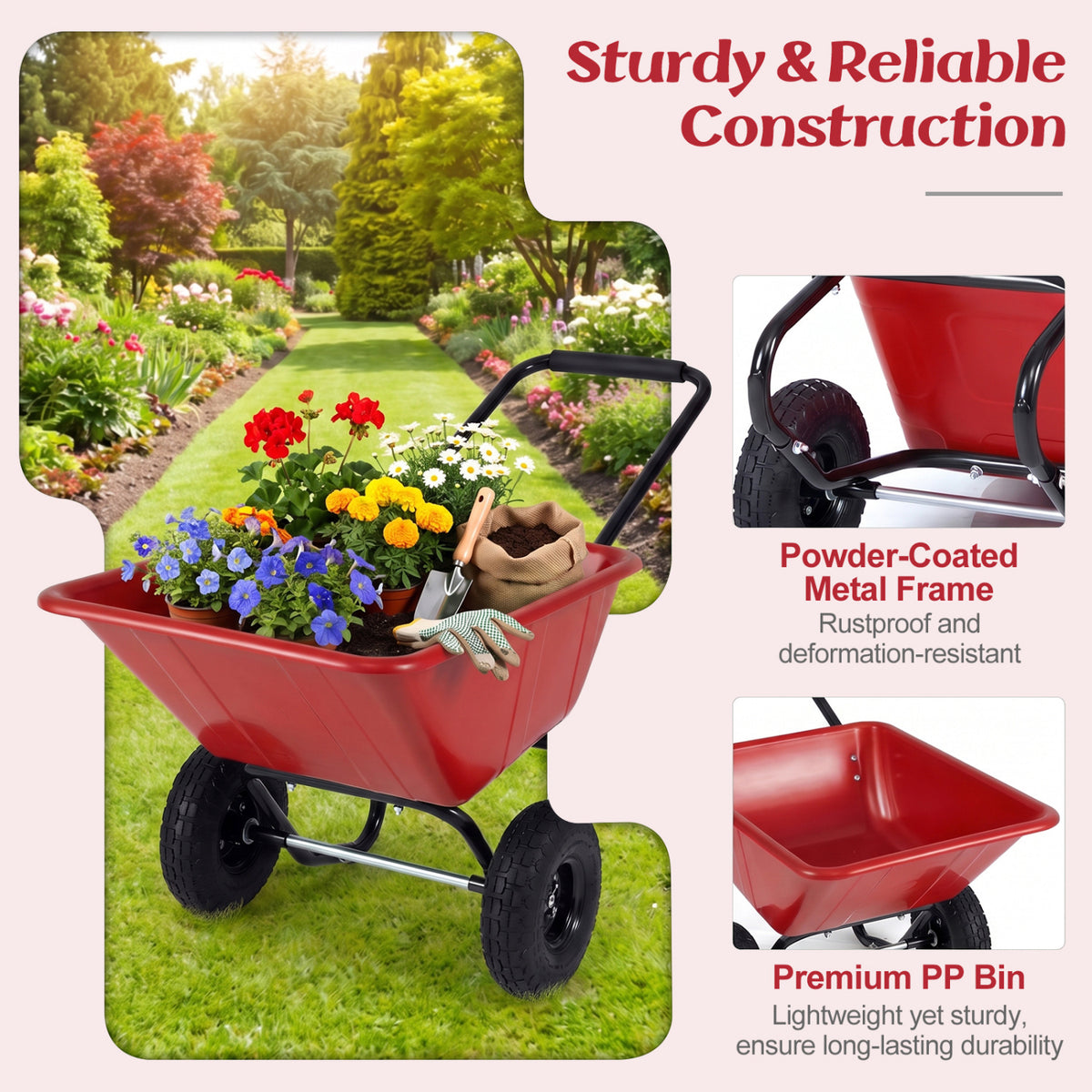 Dual-Wheel Wheelbarrow Garden Utility Cart with Pneumatic Tires-Red-Garden Carts-DECOROLALA