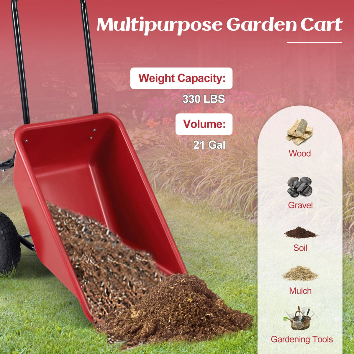 Dual-Wheel Wheelbarrow Garden Utility Cart with Pneumatic Tires-Red-Garden Carts-DECOROLALA