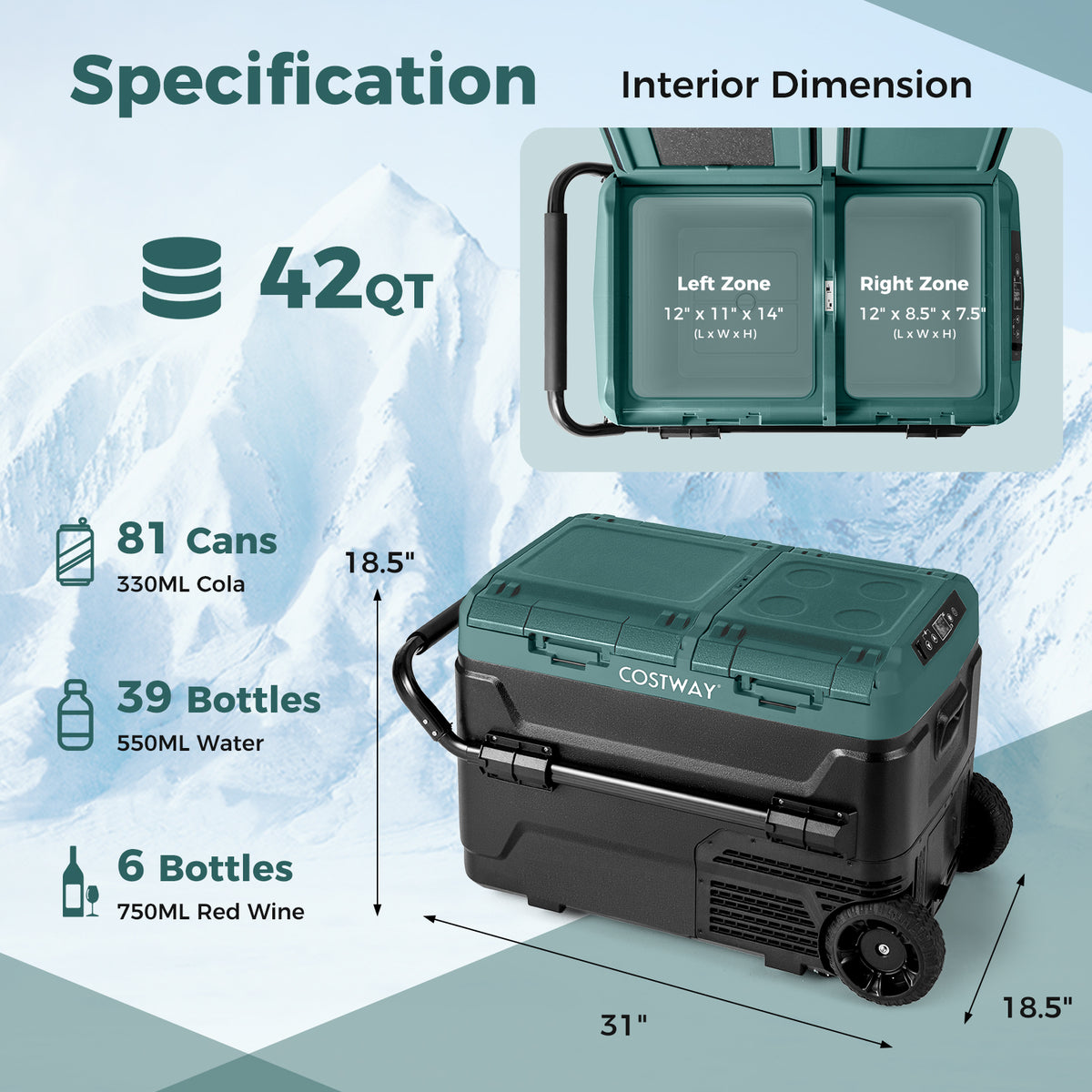 Dual Zone 12V 42QT Car Refrigerator for Vehicles Camping Travel Truck RV Boat Outdoor and Home Use-Green-Coolers-DECOROLALA