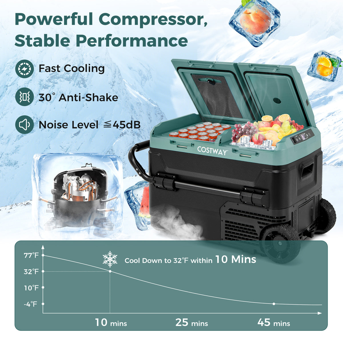 Dual Zone 12V 42QT Car Refrigerator for Vehicles Camping Travel Truck RV Boat Outdoor and Home Use-Green-Coolers-DECOROLALA
