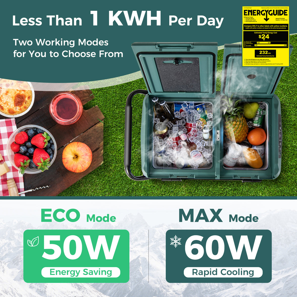 Dual Zone 12V 42QT Car Refrigerator for Vehicles Camping Travel Truck RV Boat Outdoor and Home Use-Green-Coolers-DECOROLALA