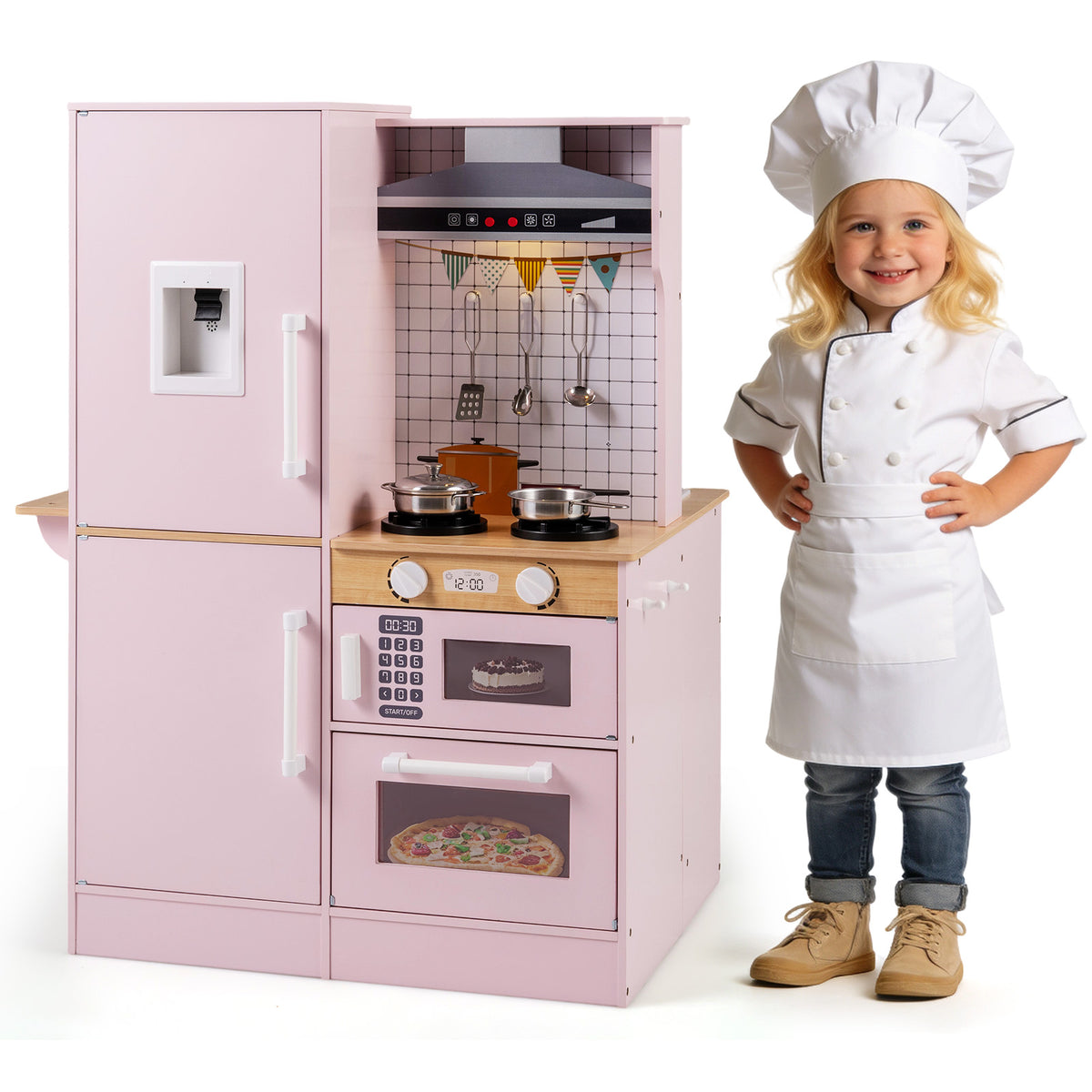 Cuisine de jeu pour enfants double face avec distributeur d’eau et hotte aspirante, à partir de 3 ans