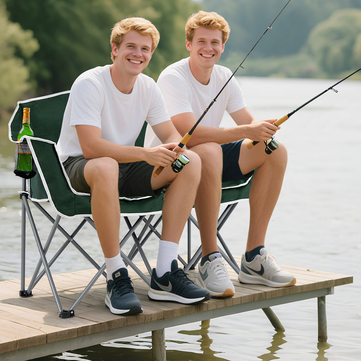 Duo Camping Chair Portable Oversized Loveseat with Armrests and Cup Holders-Green-Camping Furniture-DECOROLALA
