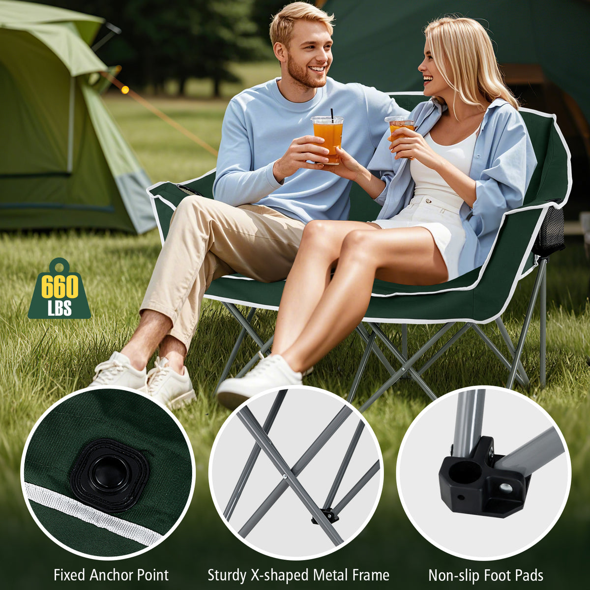 Duo Camping Chair Portable Oversized Loveseat with Armrests and Cup Holders-Green-Camping Furniture-DECOROLALA