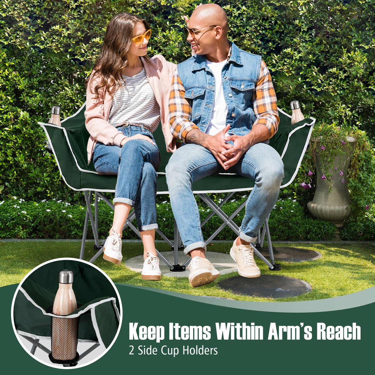 Duo Camping Chair Portable Oversized Loveseat with Armrests and Cup Holders-Green-Camping Furniture-DECOROLALA