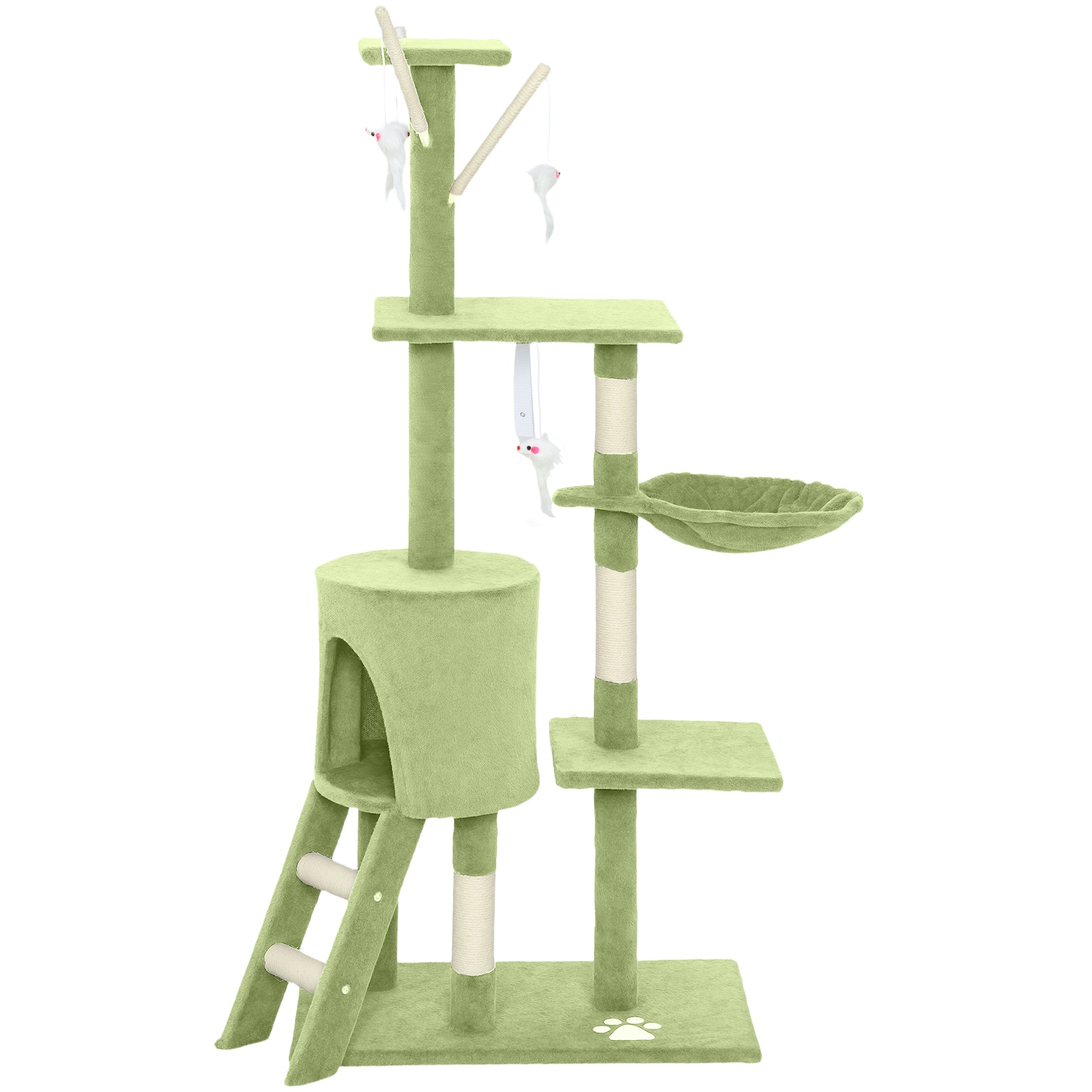 53" Cat Tree Tower, Kitten Activity Centre with Scratching Posts, Condo, Perches, Ladder, Hammock, Dangling Toys, Green