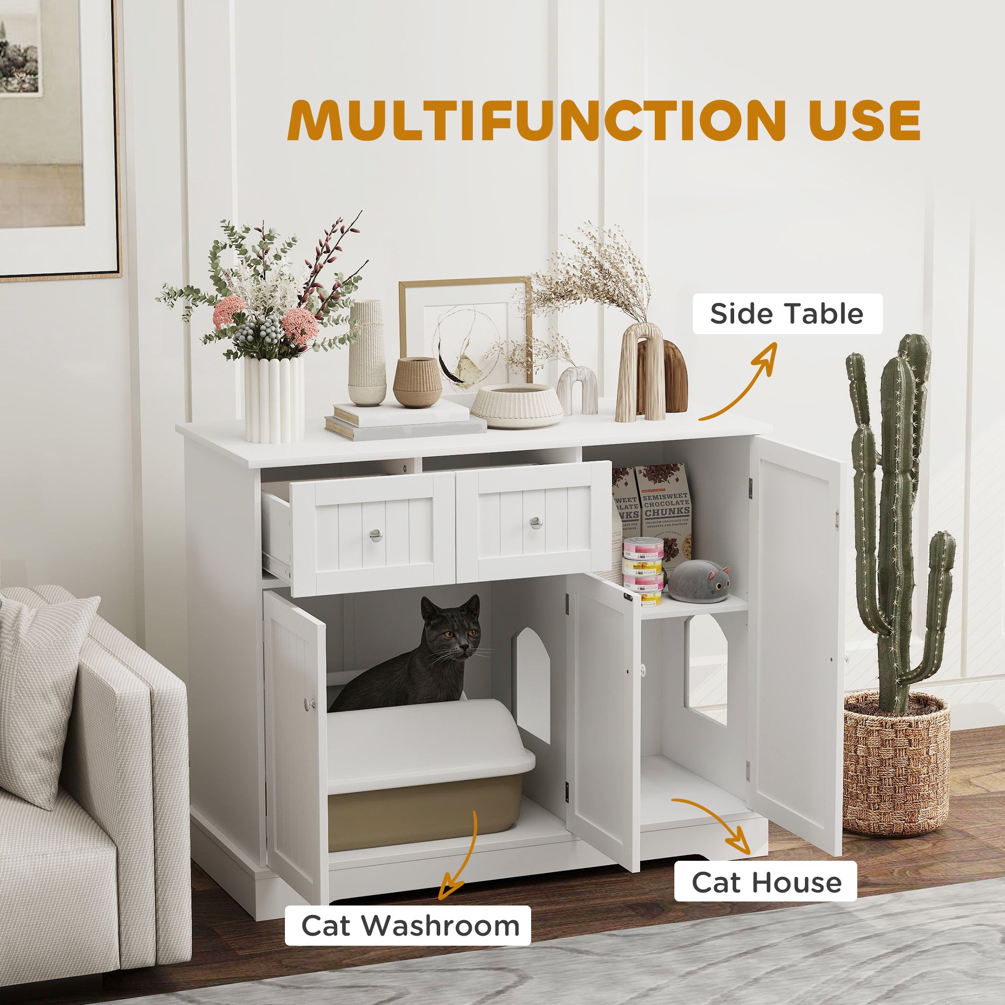 Cat Litter Box Enclosure with Drawer, Storage, Anti-tip Kit, for Living Room, Bedroom, White