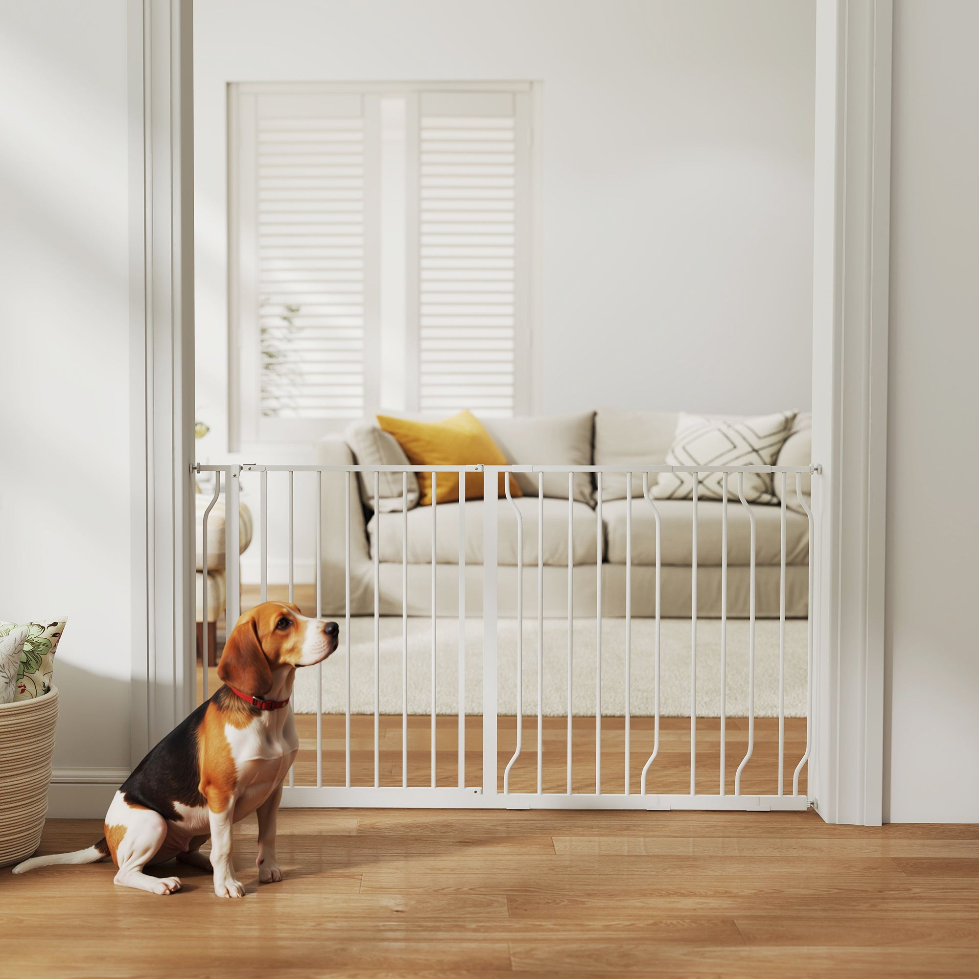 30"- 57" Easy Install Pet Gate w/ Door & Double Locking System, Extra Wide Dog Gate for Stairs, Hallways, White