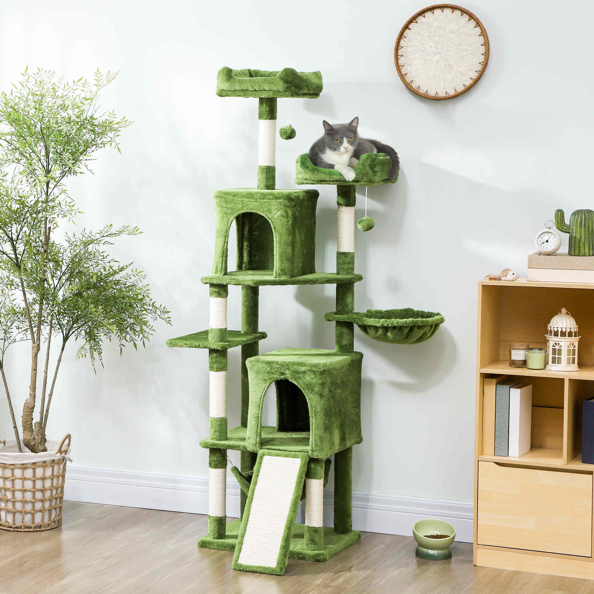 Cat Tree, 70" Multi-Level Cat Tower with 2 Condos, 2 Perches, Hammock, Toy Balls, Scratching Posts and Board, Green