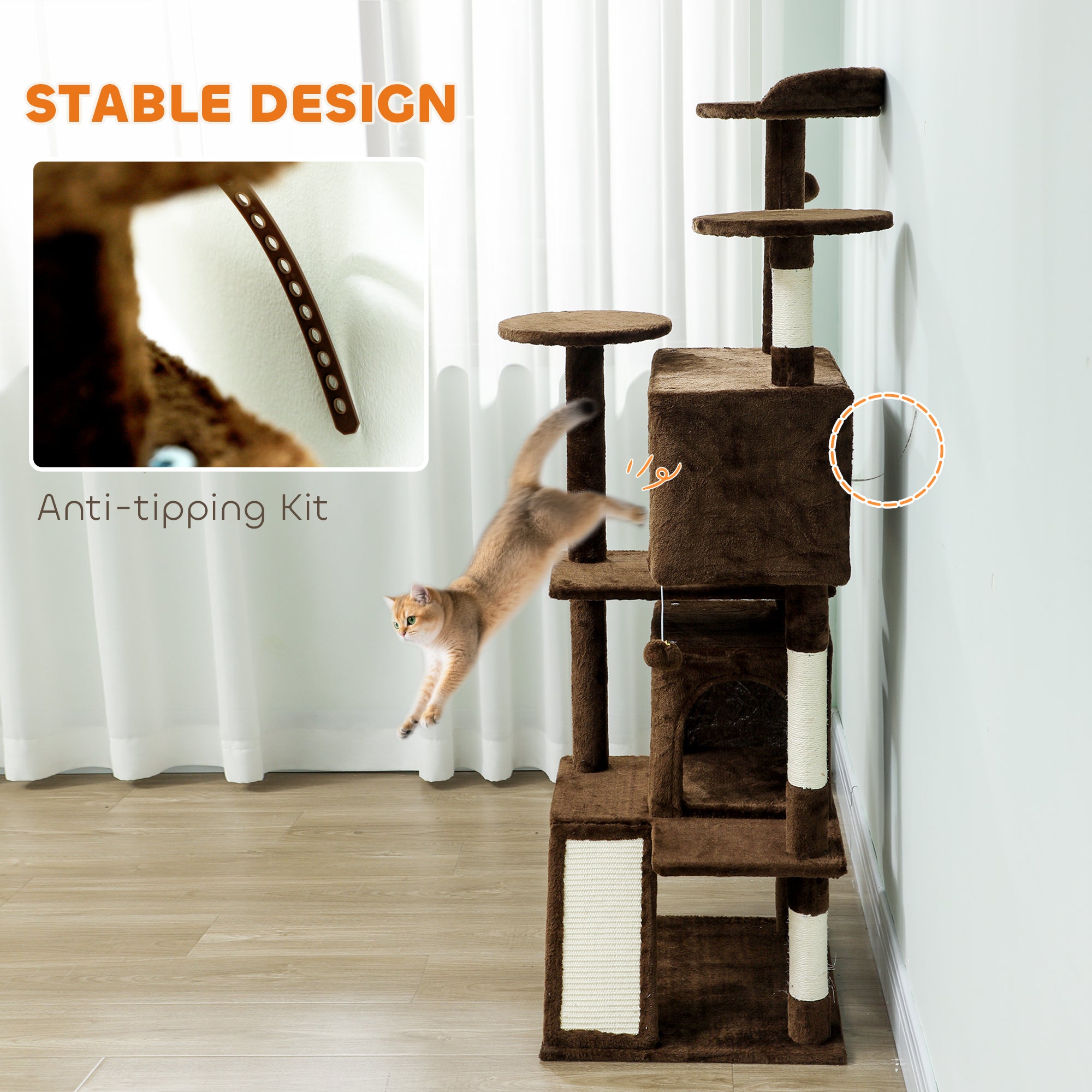 63" Cat Tree, Multi-Level Cat Tower with Scratching Posts, Cat Condos, Bed, Platforms, Ramp, Toy Ball, Light Brown