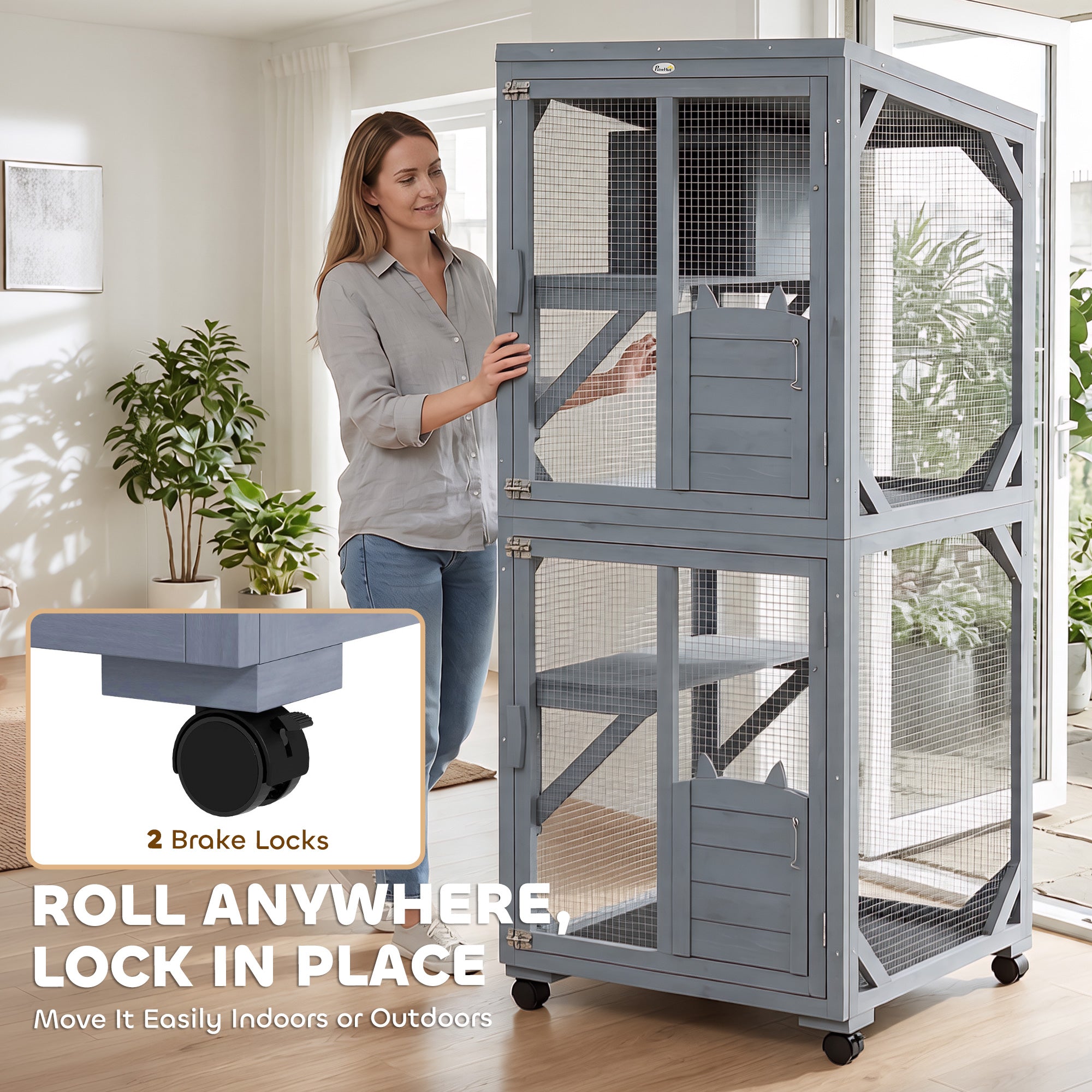 Movable Catio Outdoor Cat Enclosure with Resting Box, 3 Jumping Platforms, Waterproof Asphalt Roof for Outdoor Indoor