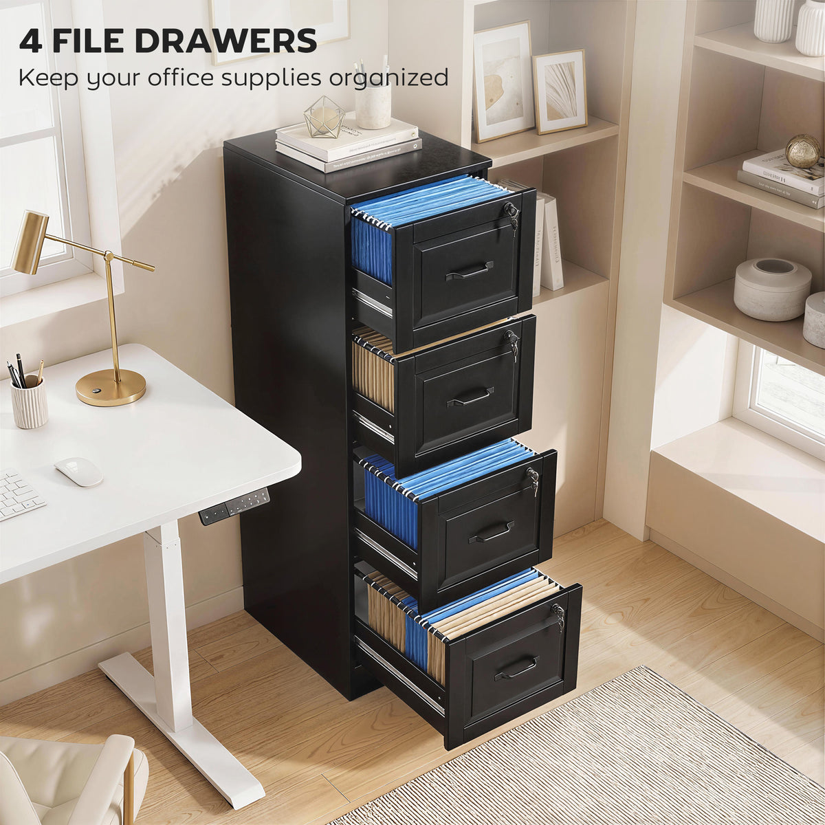 4-Drawer Vertical File Cabinet with Lock - Black MDF 52" H