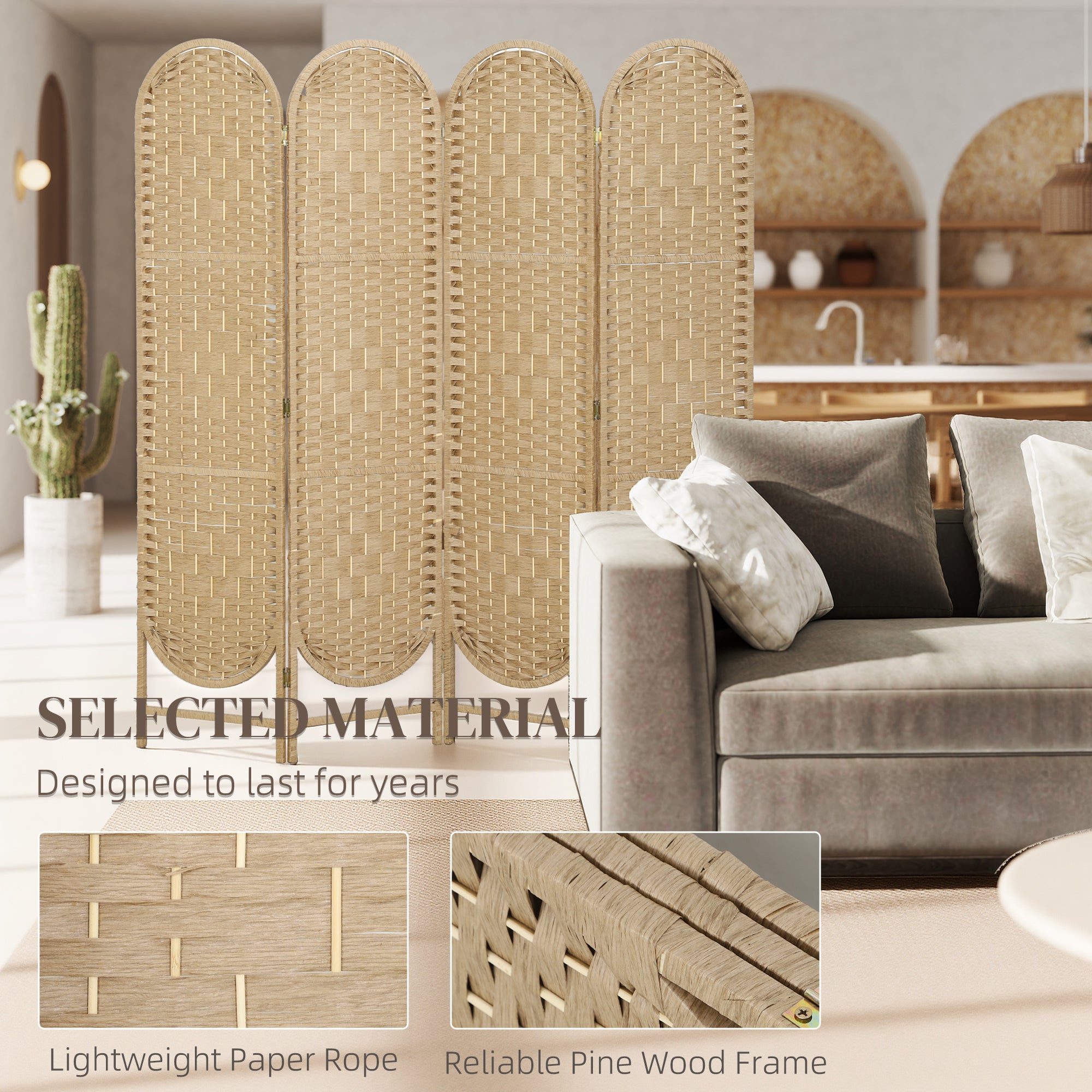 Bohemian Privacy Screen, Folding Room Divider with 4 Panels and Arched Top for Bedroom Living Room Office, Natural Wood