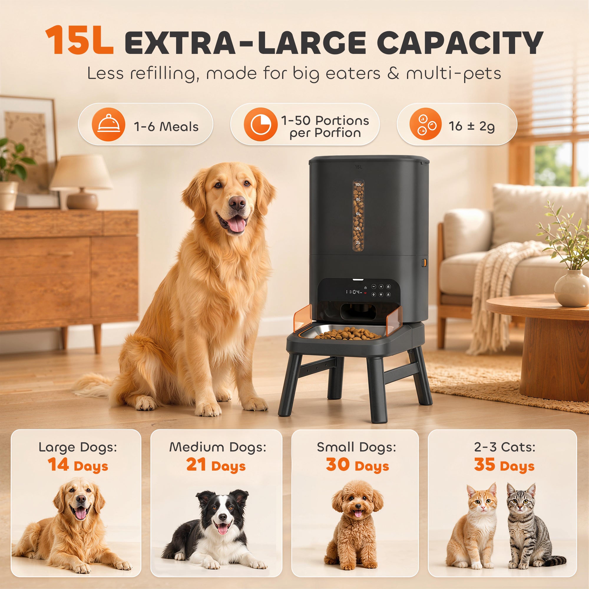 15L/63 Cups Anti-Clog Automatic Dog Feeder for Large Breed up to 23mm, Elevated Design,  Dual Power, Easy to Set Up