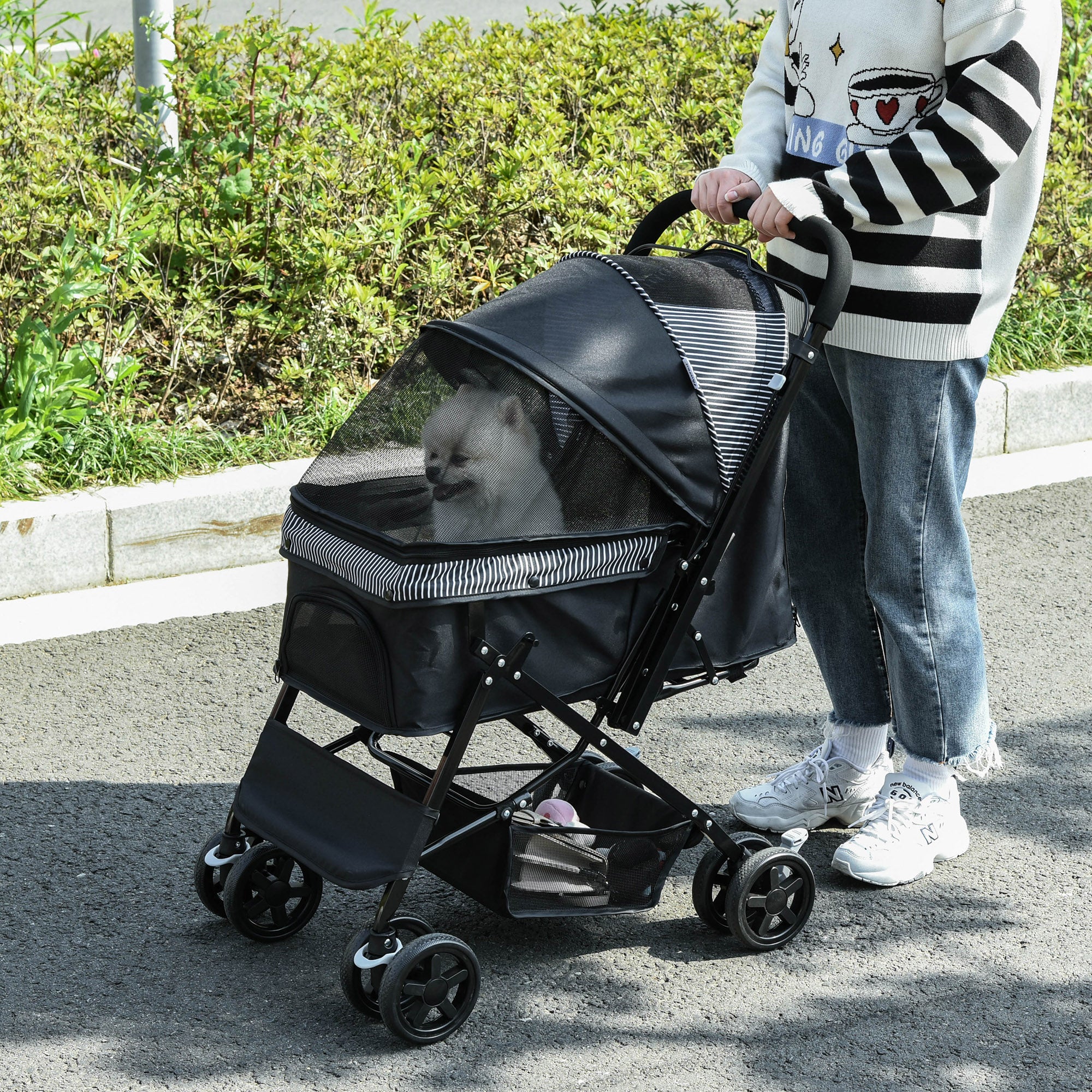 Foldable Cat Dog Travel Carriage, 4 Wheels Pet Stroller with EVA Wheel Brake, 3-stage Canopy, Mesh Window Door, Black