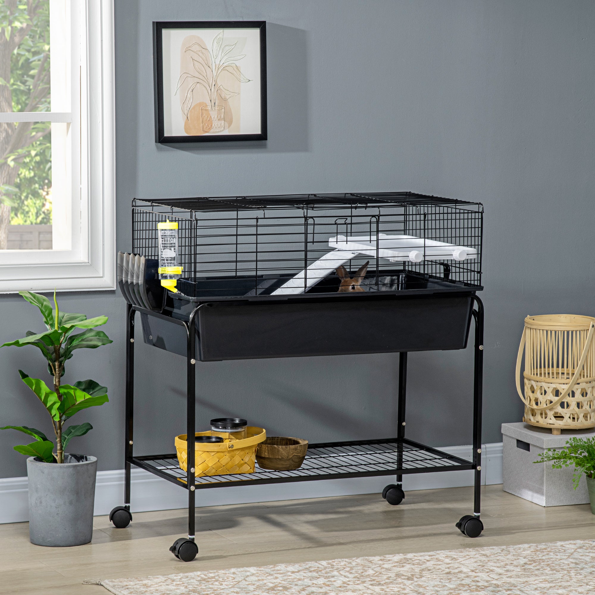 35" Small Animal Cage Rolling Guinea Pig Cage with Detachable Stand, Water Dispenser, Food Dish, Ramp, Wheels, Dark Grey