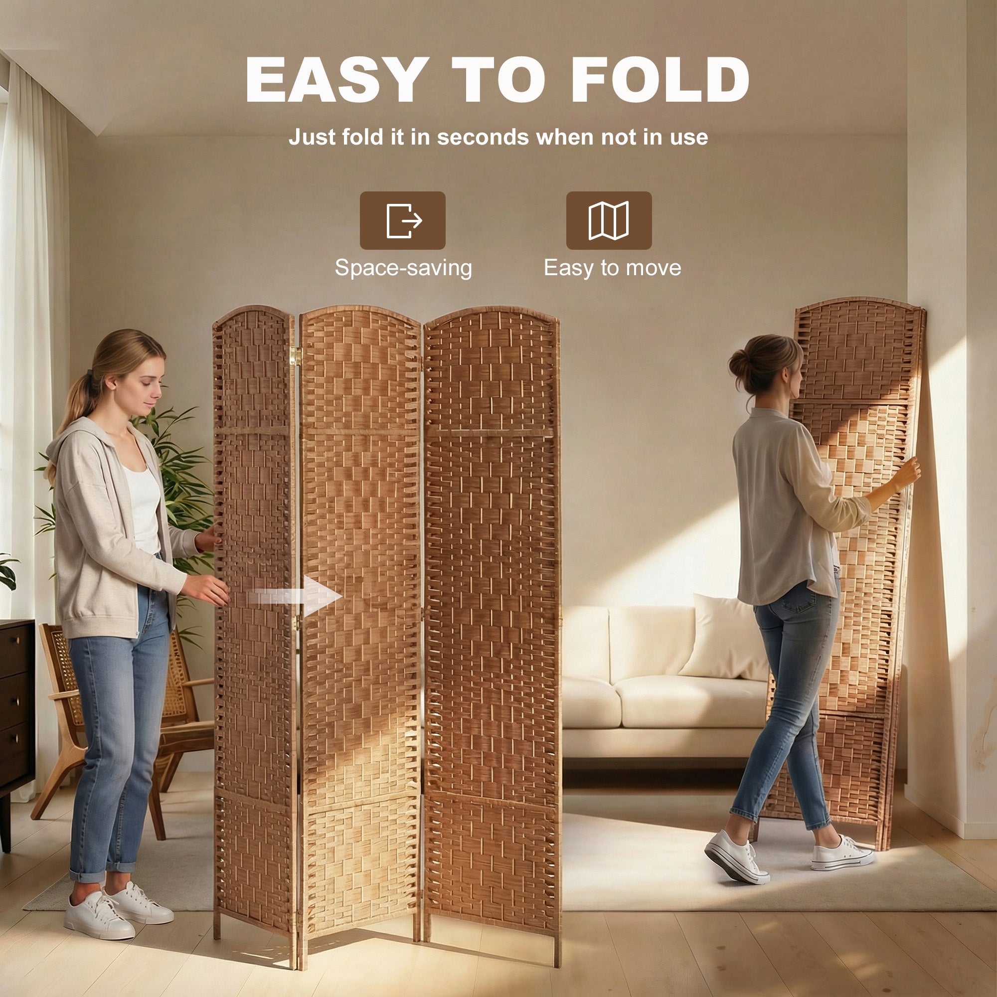 6ft Folding Room Divider, 3 Panel Wall Partition with Wooden Frame for Bedroom, Home Office, Natural