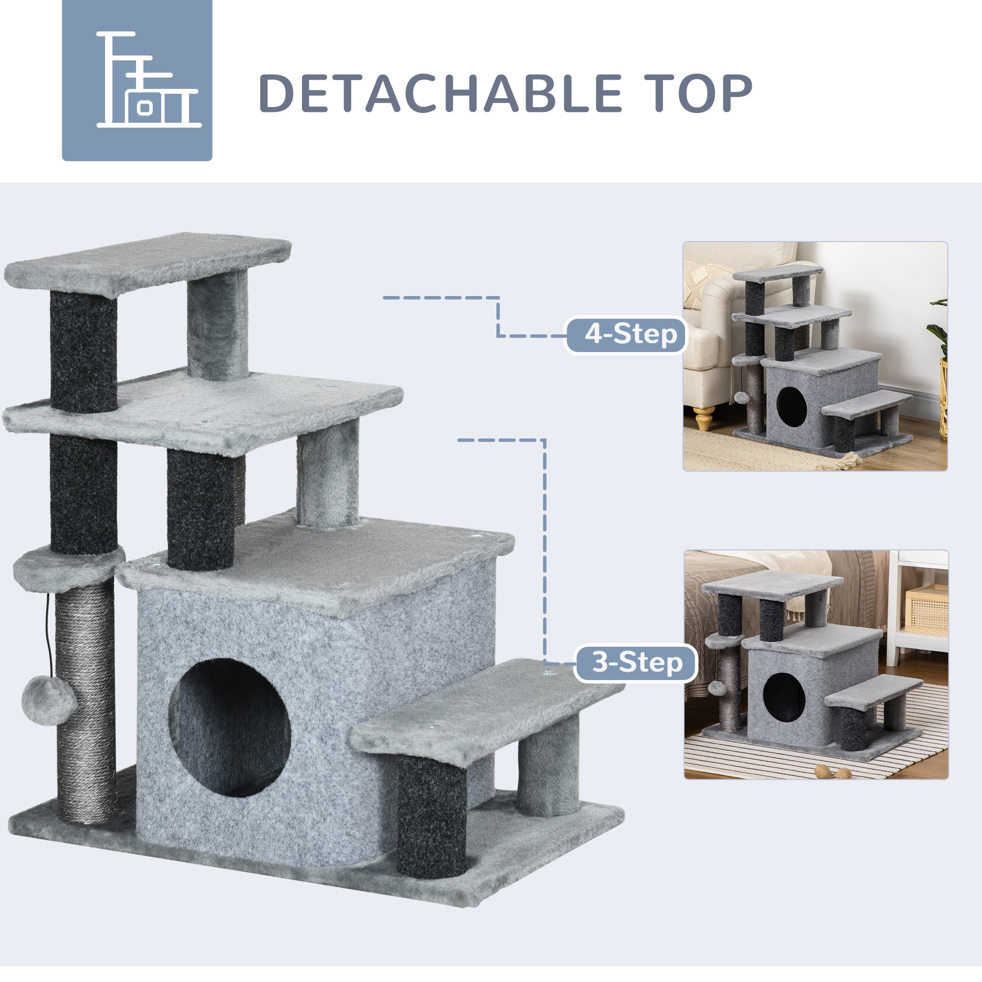 Cat Stairs Pet Steps for Couch Bed with Scratching Posts Condo Ball Toy, 23.6" x 15.7" x 26", Grey