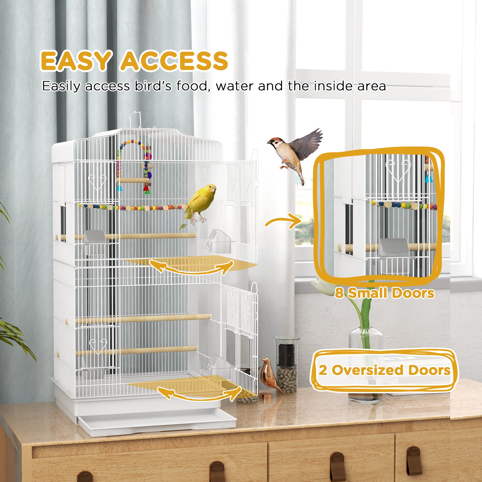 Cage à oiseaux de 36" avec accessoires, poignée, housse en filet, plateau, blanc