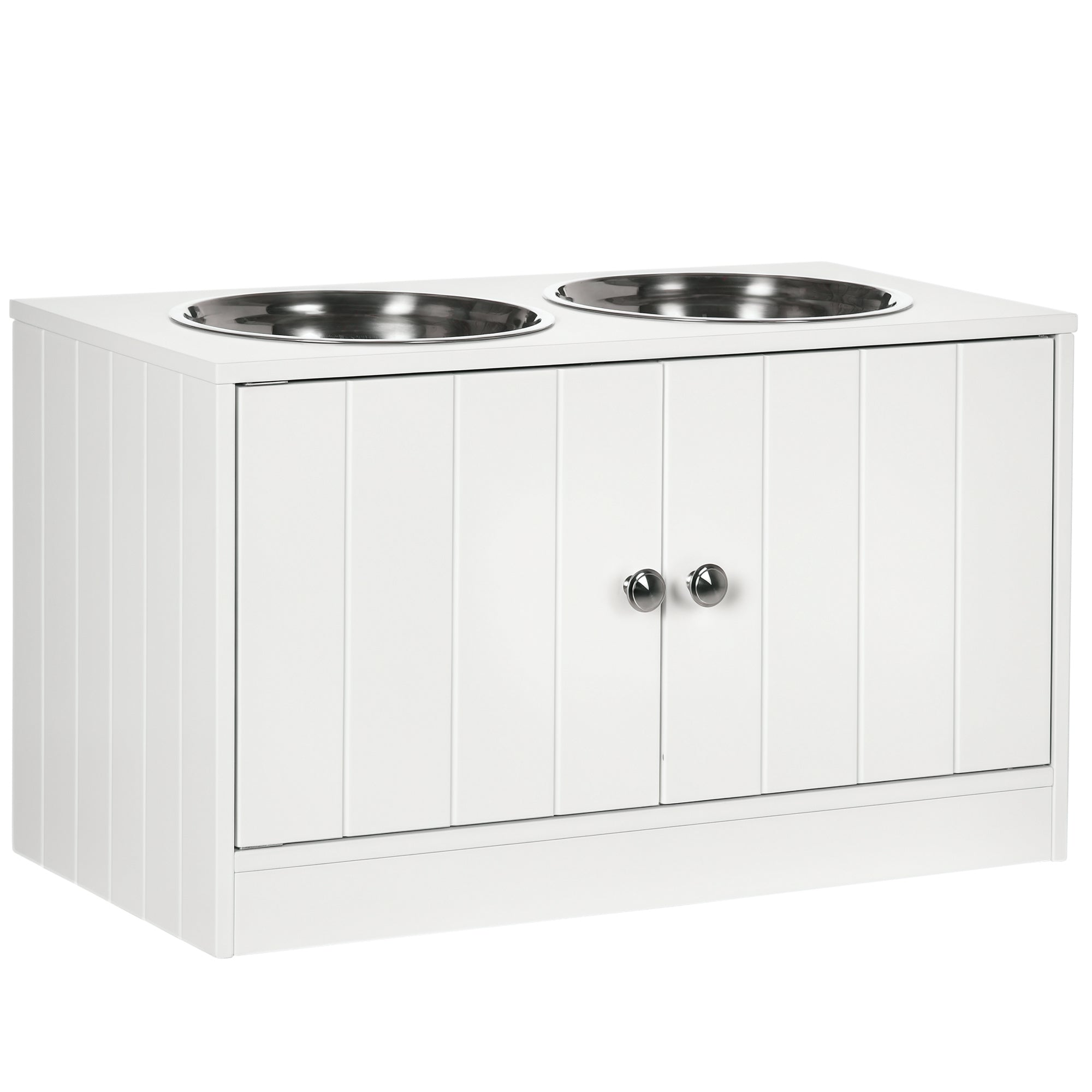 Gamelle surélevée pour grands chiens, station d’alimentation pour animaux avec support et rangement, 2 gamelles en acier inoxydable pour la nourriture et l’eau, blanche, 23.6" x 11.8" x 14"