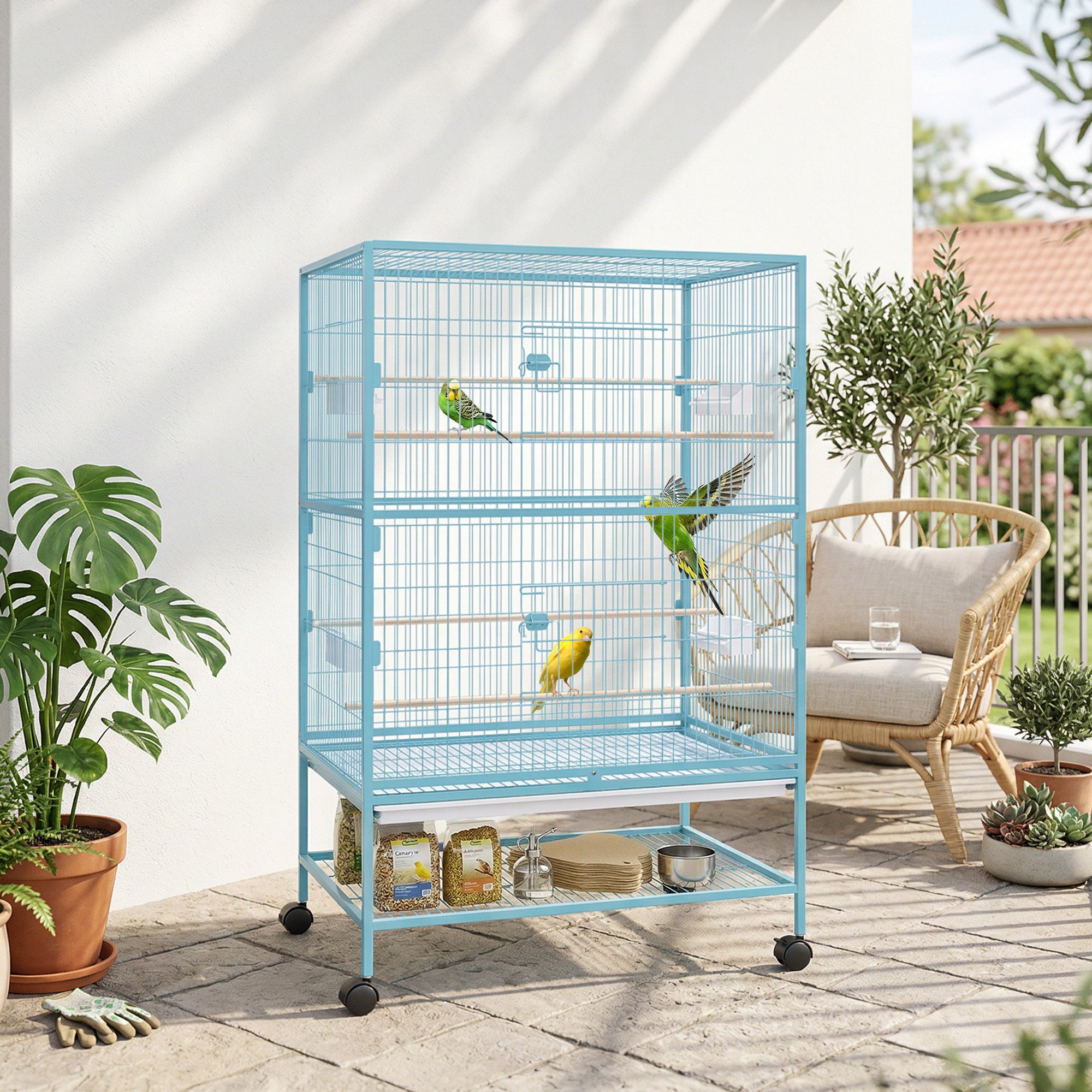 52'' Large Rolling Steel Bird Cage Bird House with Rolling Stand, Storage Shelf, Wood Perch, Food Container, Light Blue