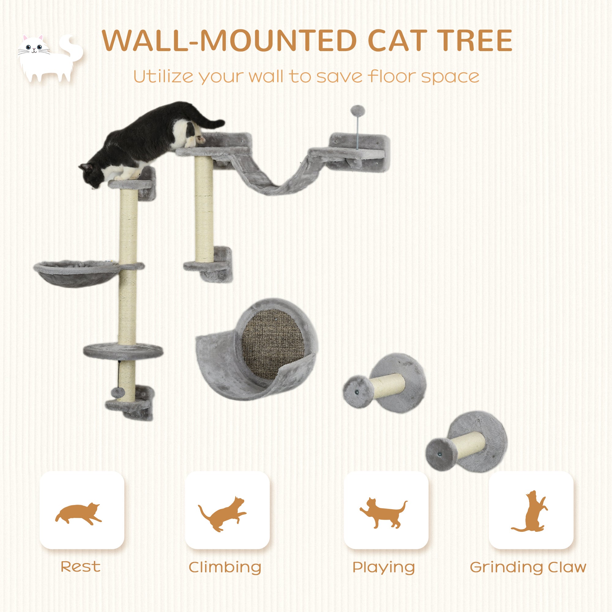 5PCs Cat Wall Shelves with Hammock, Scratching Posts, Perches, Ladder, for Indoor Cats, Light Grey
