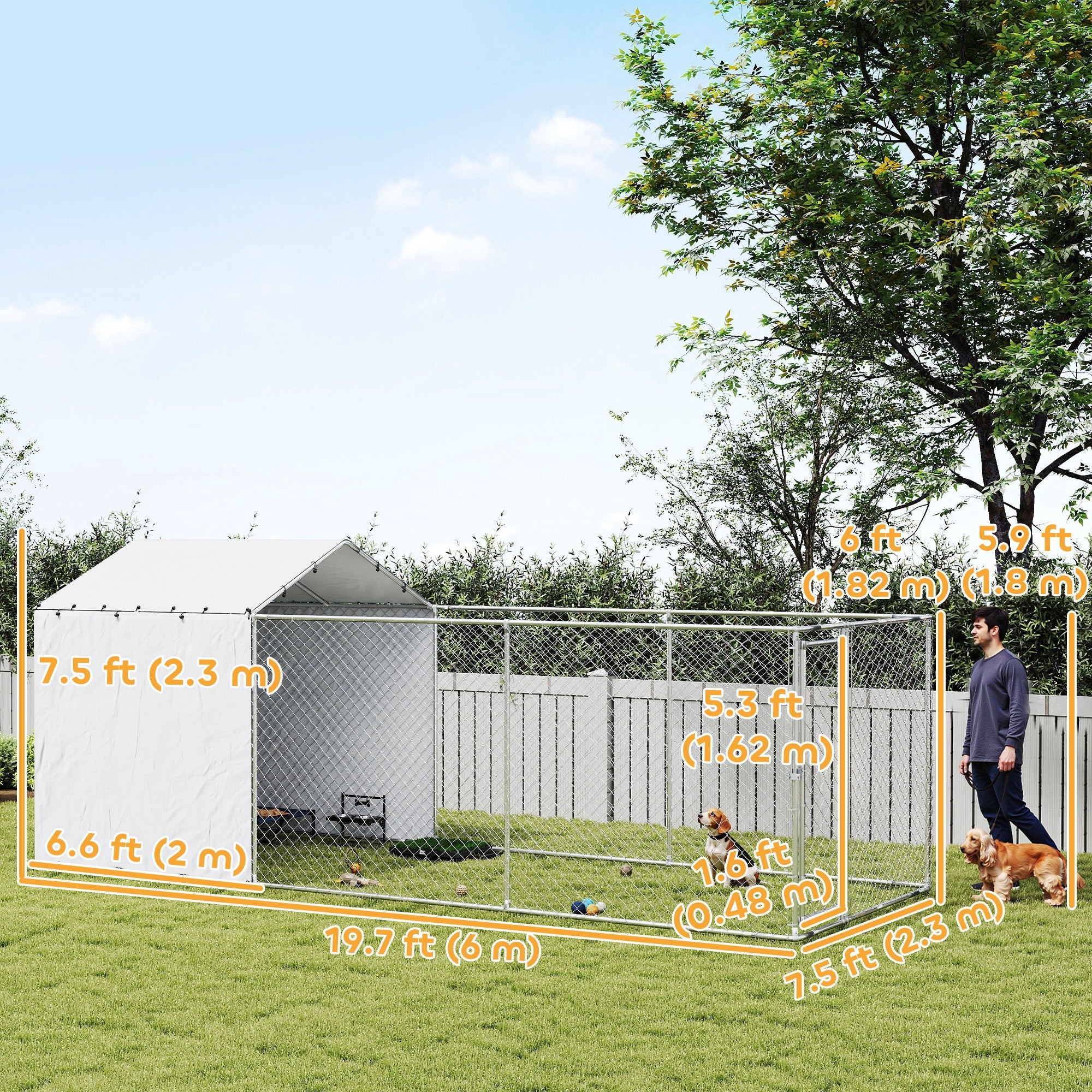 Galvanized Steel Dog Kennel Outdoor with Waterproof & UV-Resistant Cover for Large Dogs, 19.7' x 7.5' x 7.5'