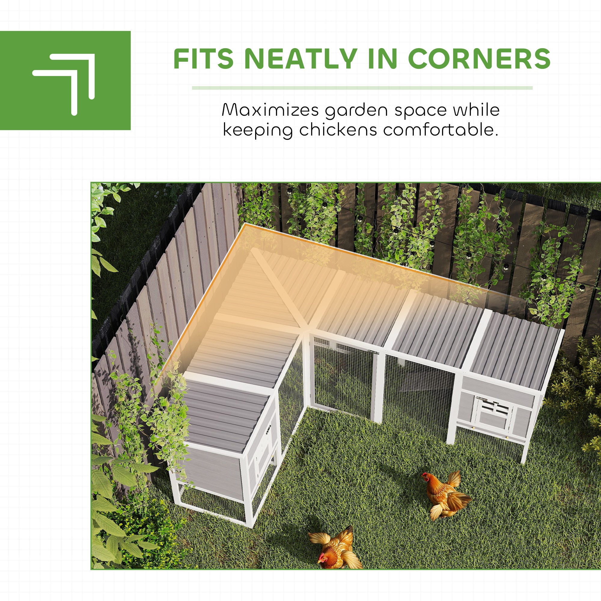 Chicken Coop with Run, L-Shaped Wooden Chicken House with 2 Houses, Outdoor Hen House with Waterproof Roof and Ramps