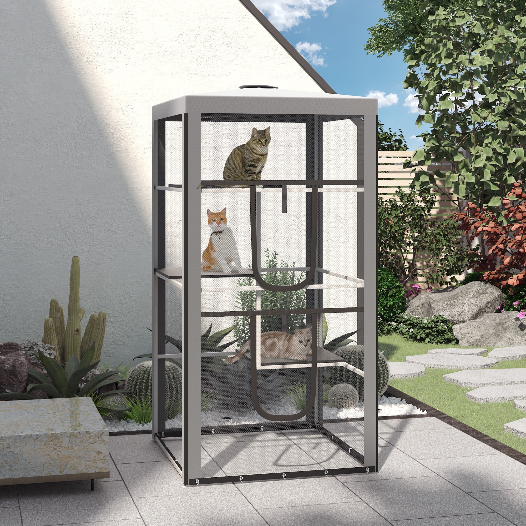 79"H Catio Outdoor Cat Enclosure, Steel Frame Cat Cage with 3 Platforms, 2 Doors and 4 Sandbags for Stability