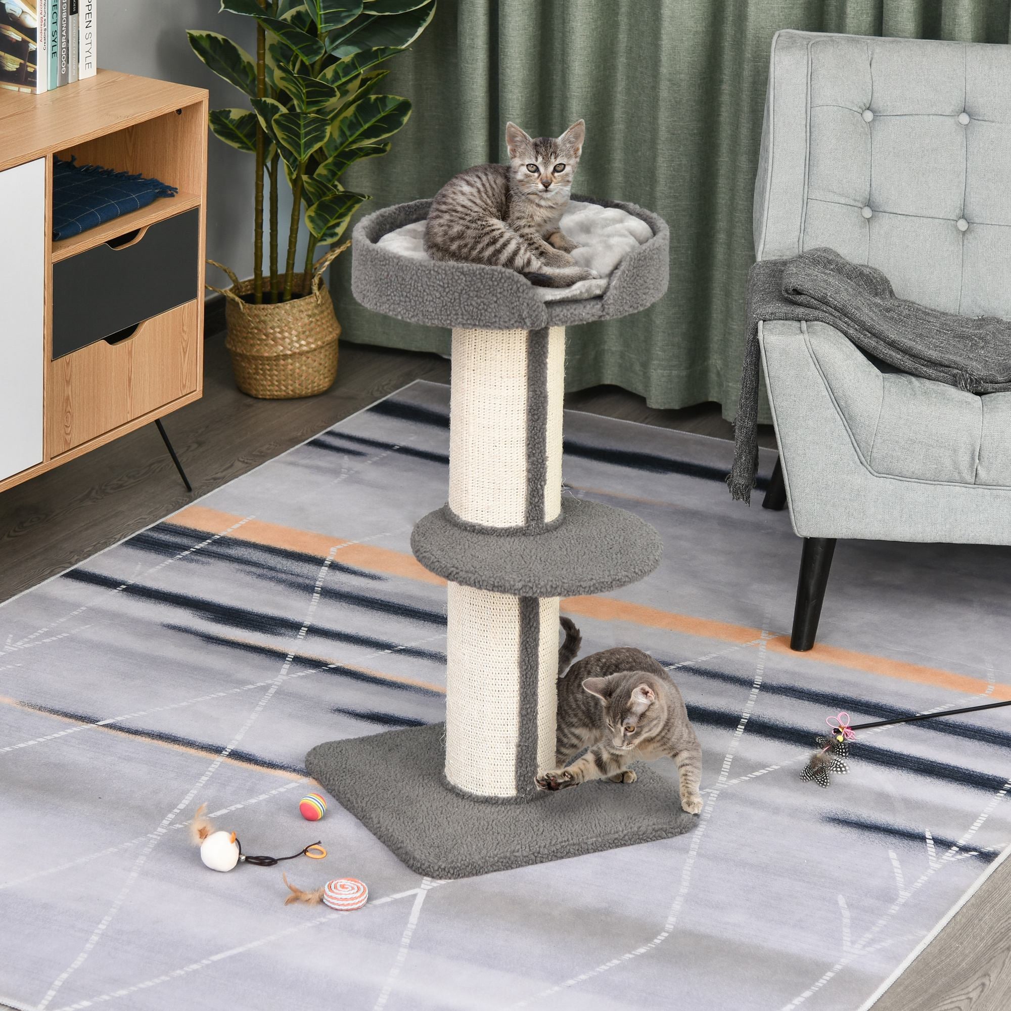 Cat Tree Kitty Tower with Sisal Mat Scratching Post, Cat Bed, Cushion, Perch, 18" x 18" x 36", Grey