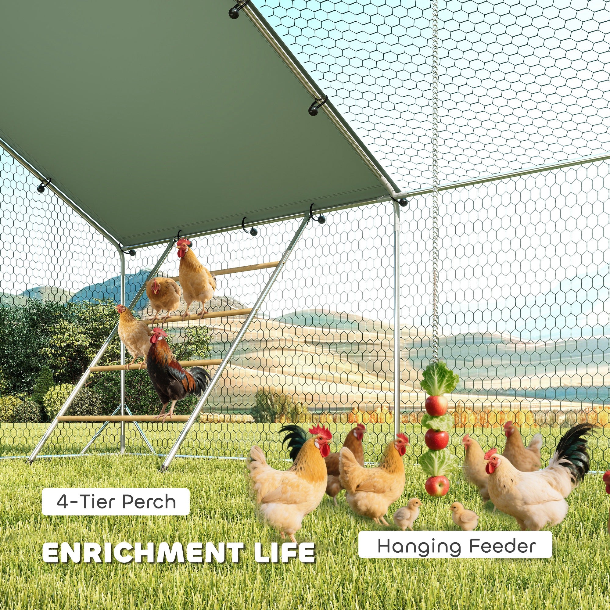 Large Metal Chicken Run with Waterproof & UV-Resistant Cover, Feeding Door, Hanging Feeder, Perch, for 24-30 Chickens