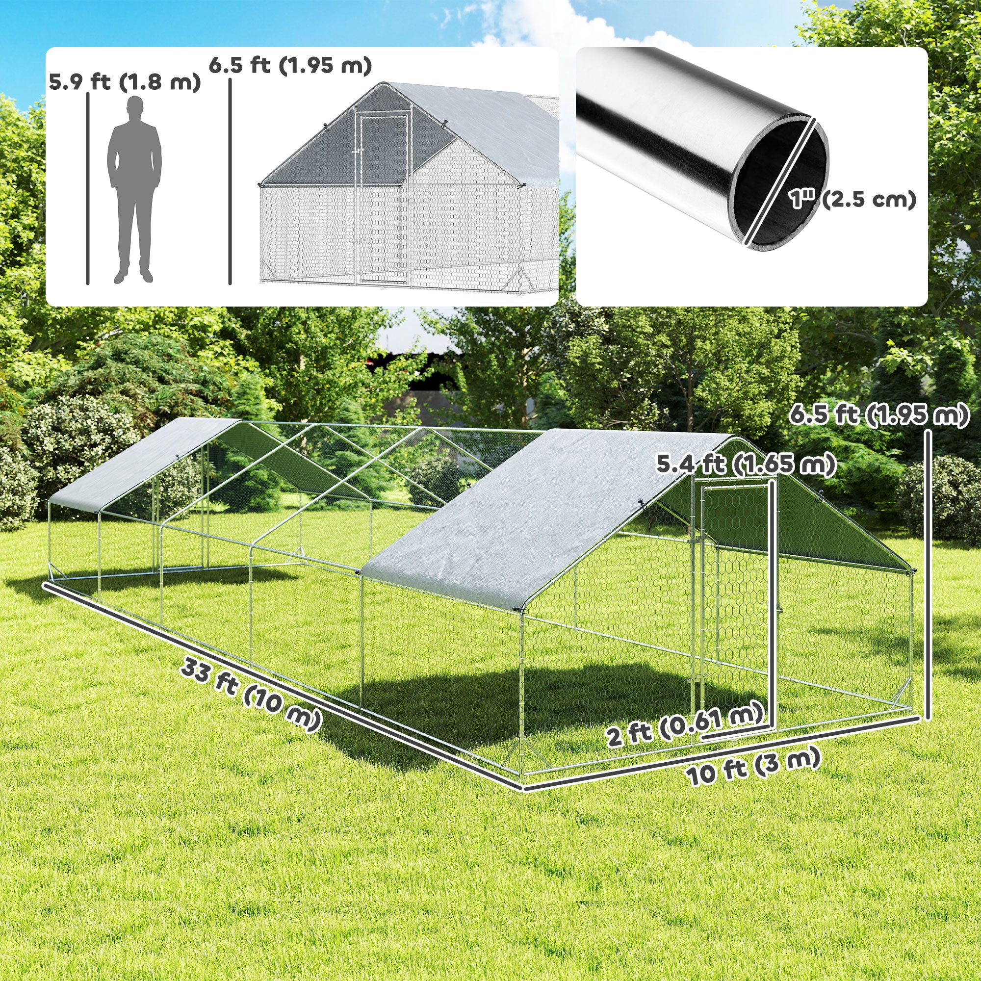 Enclos métallique pour poules avec bâche de protection contre l’eau et les UV, pour poules, canards et lapins de jardin, 32.8' x 9.8' x 6.4'