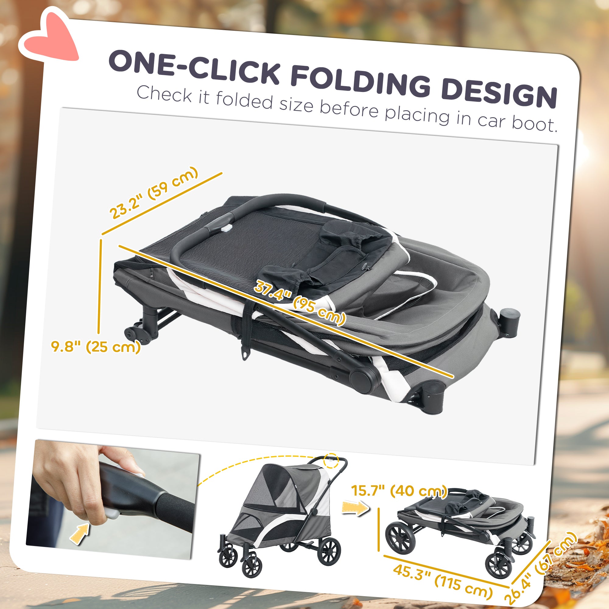 Foldable Pet Stroller for Medium Dogs with Four Big Wheels, Shock-Absorbing Frame, Safety Leashes, Brakes, Dark Grey