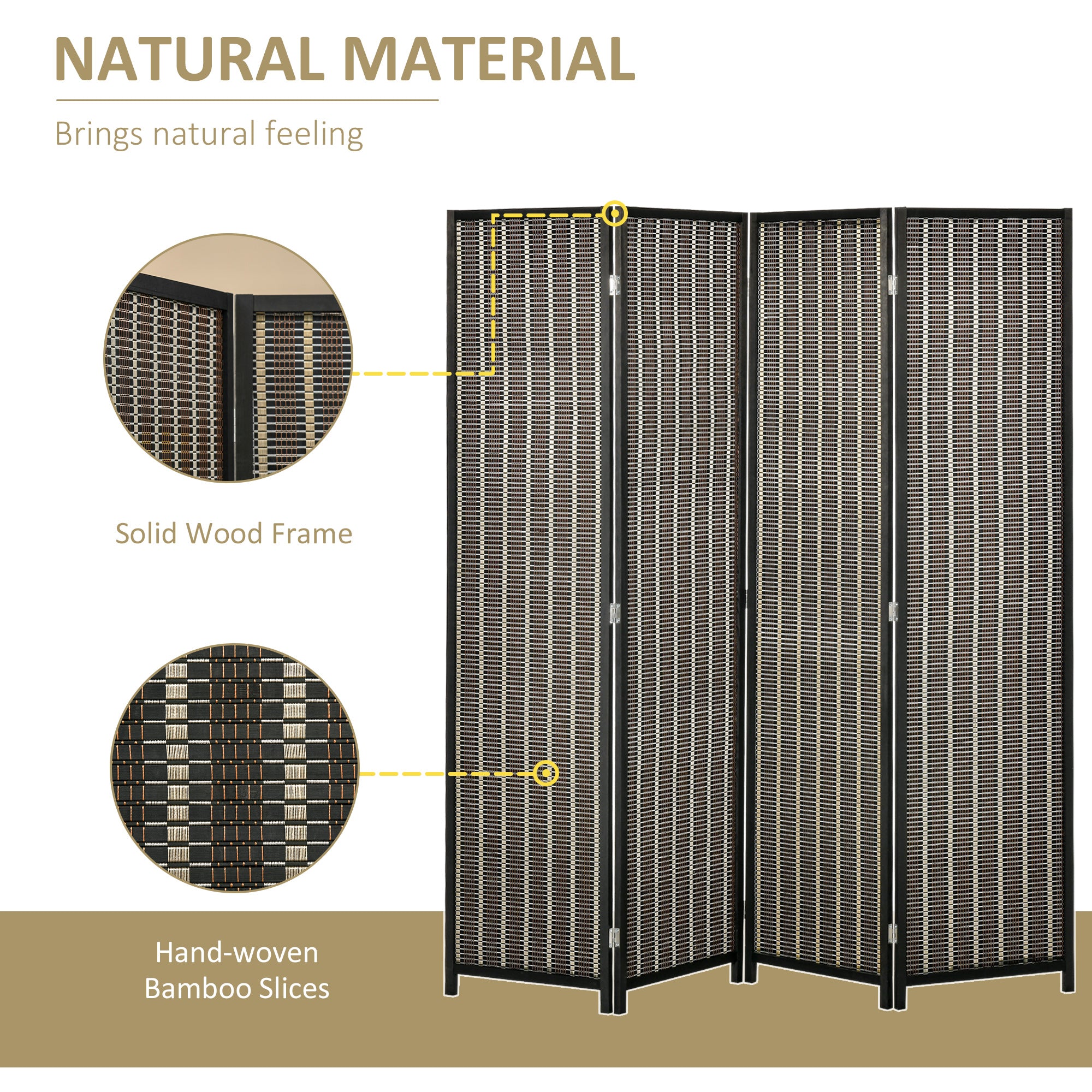 4 Panel Room Divider, 6 Ft Tall Indoor Portable Folding Privacy Screens, Bamboo Hand-Woven Freestanding Partition Wall Divider for Home Office, Brown