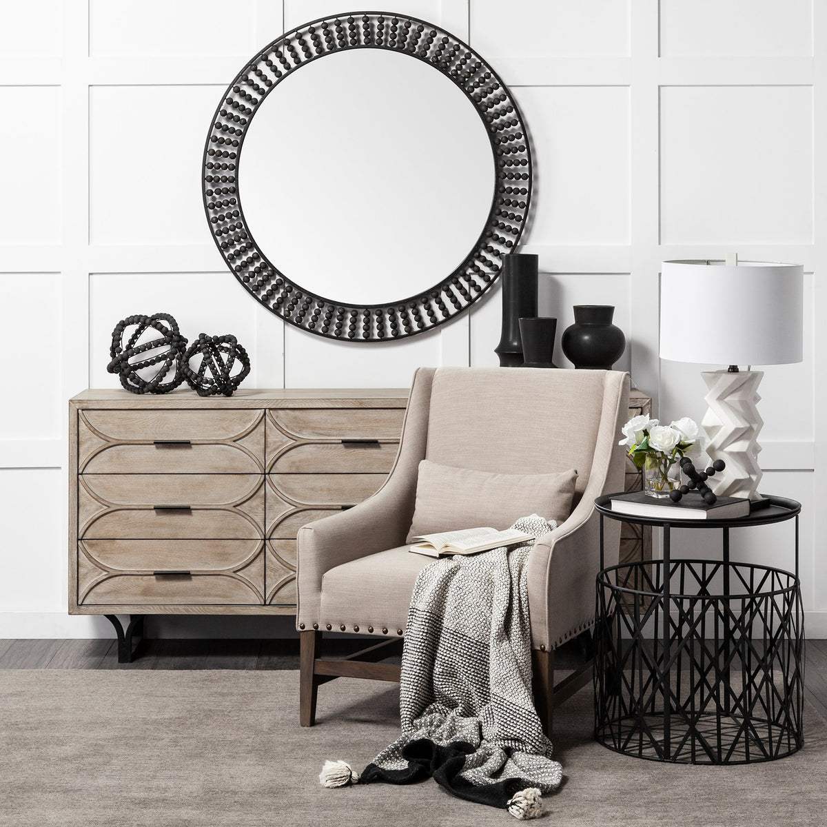 Earnhardt I Small 9L x 9W Black Wooden Beaded Orb-Objects-DECOROLALA