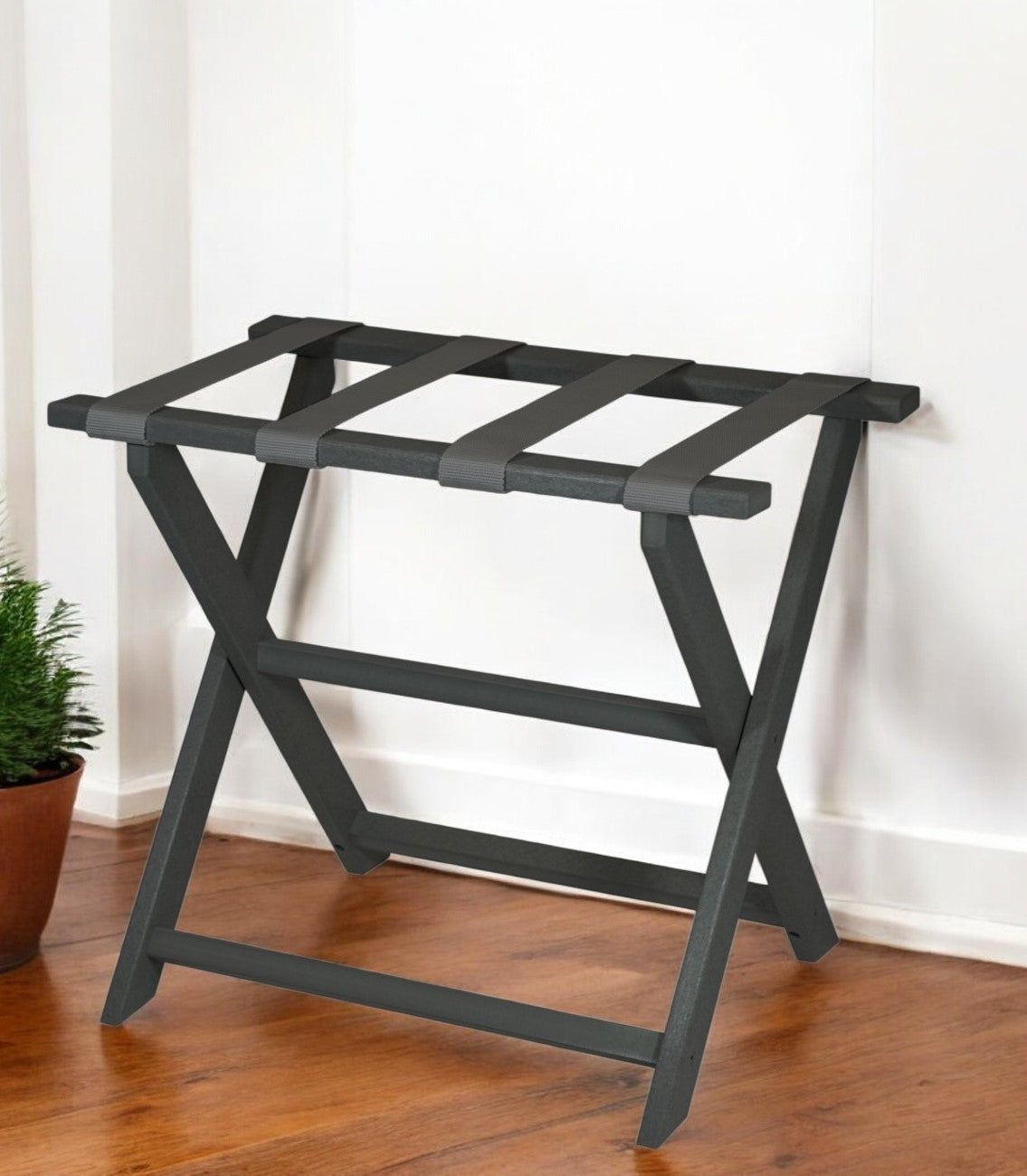 Earth Friendly Dark Gray Folding Luggage Rack With Gray Straps-Luggage Racks-DECOROLALA